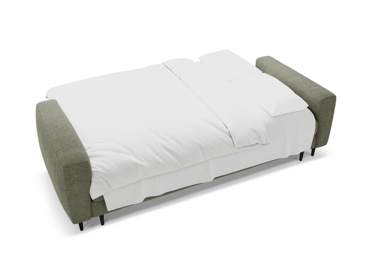 Beiges Bettsofa Lazio mit Sorella-Stoffbezug, Massivholzrahmen, schwarzen Metallbeinen und ausklappbarer Liegefläche samt Bettkasten.