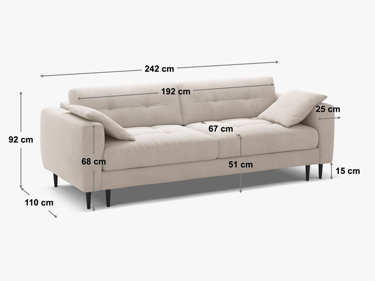 Beiges Bettsofa Lazio mit Sorella-Stoffbezug, Massivholzrahmen, schwarzen Metallbeinen und ausklappbarer Liegefläche samt Bettkasten.