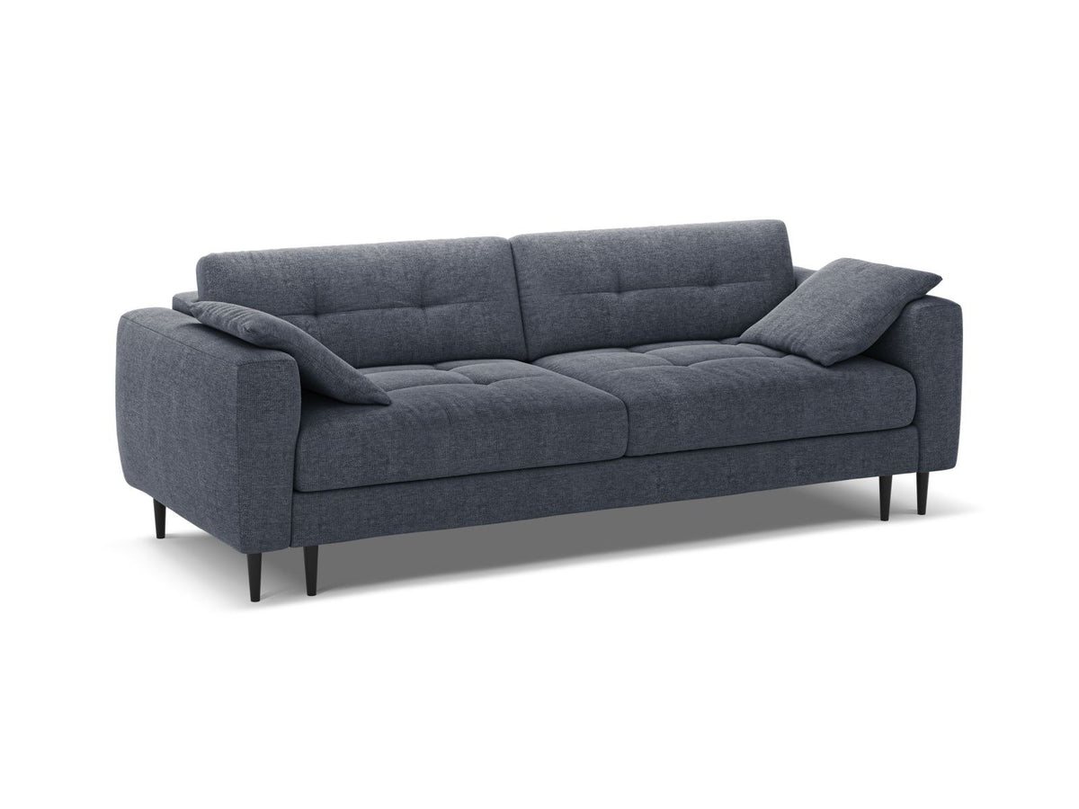 Beiges Bettsofa Lazio mit Sorella-Stoffbezug, Massivholzrahmen, schwarzen Metallbeinen und ausklappbarer Liegefläche samt Bettkasten.