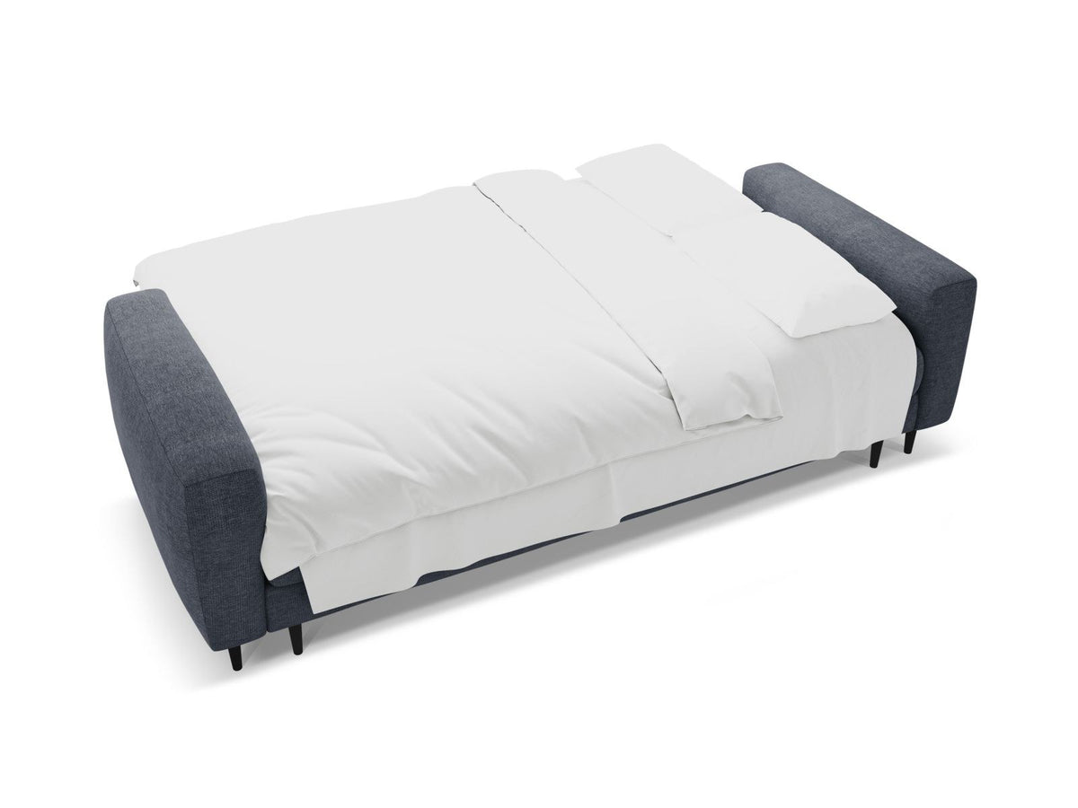 Beiges Bettsofa Lazio mit Sorella-Stoffbezug, Massivholzrahmen, schwarzen Metallbeinen und ausklappbarer Liegefläche samt Bettkasten.