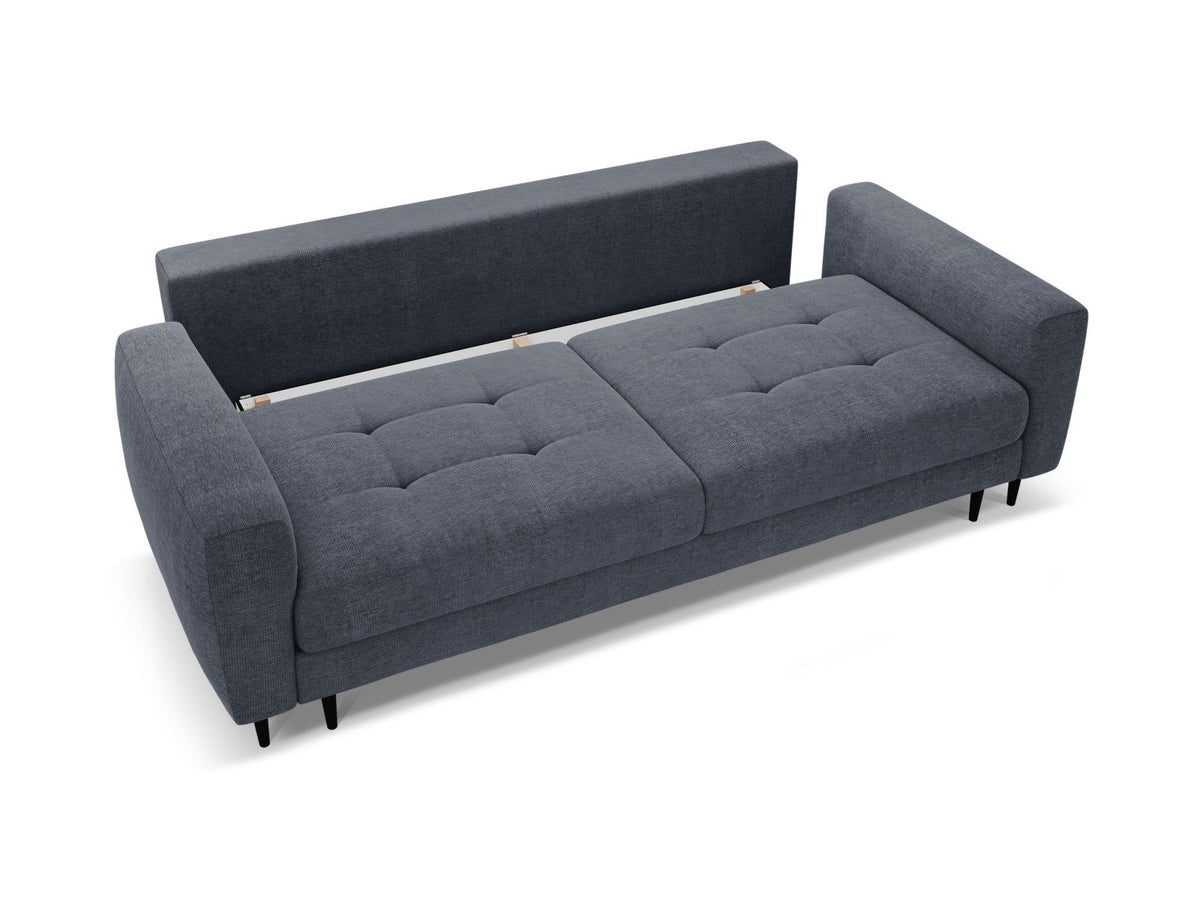 Beiges Bettsofa Lazio mit Sorella-Stoffbezug, Massivholzrahmen, schwarzen Metallbeinen und ausklappbarer Liegefläche samt Bettkasten.