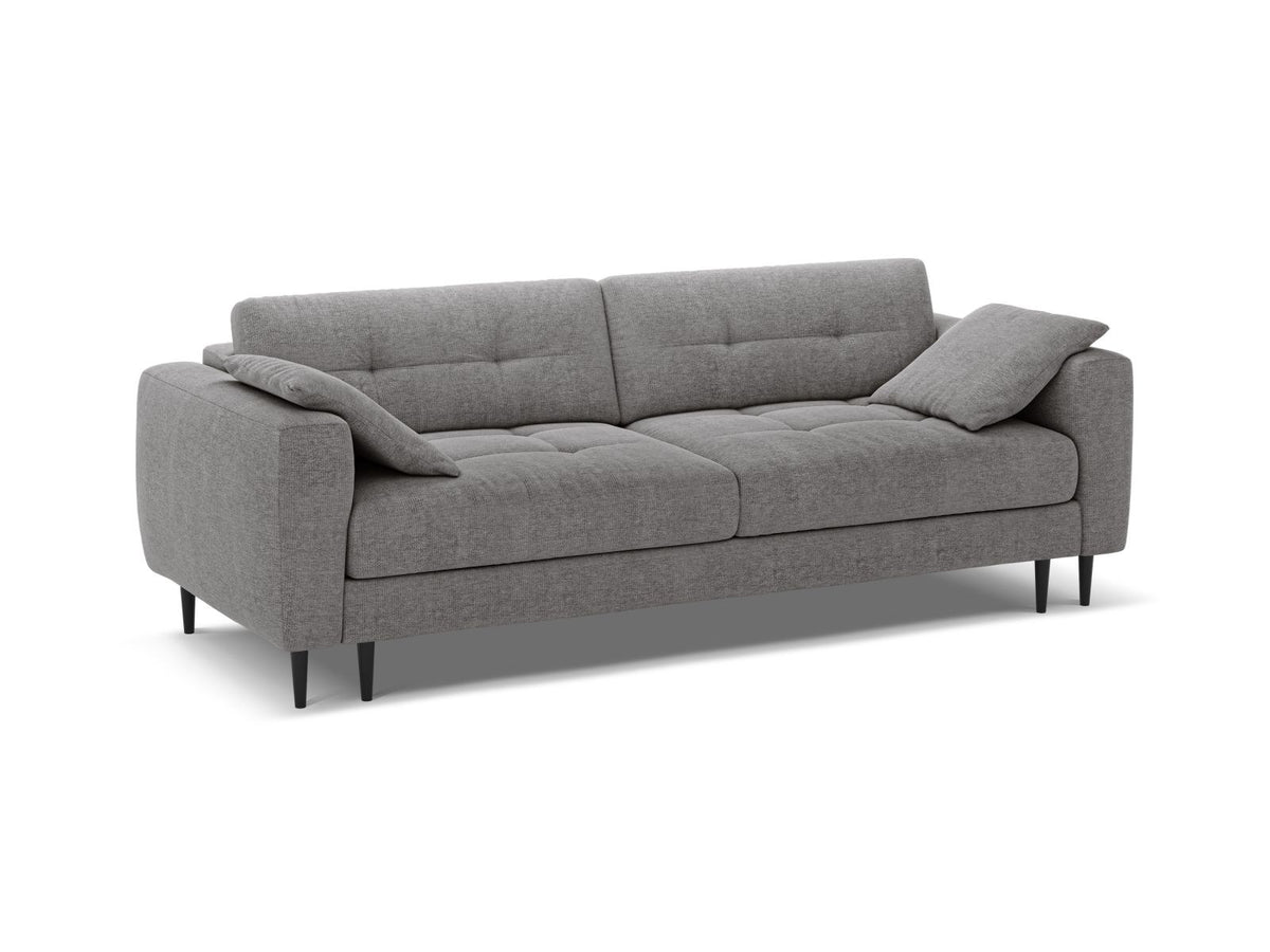 Beiges Bettsofa Lazio mit Sorella-Stoffbezug, Massivholzrahmen, schwarzen Metallbeinen und ausklappbarer Liegefläche samt Bettkasten.