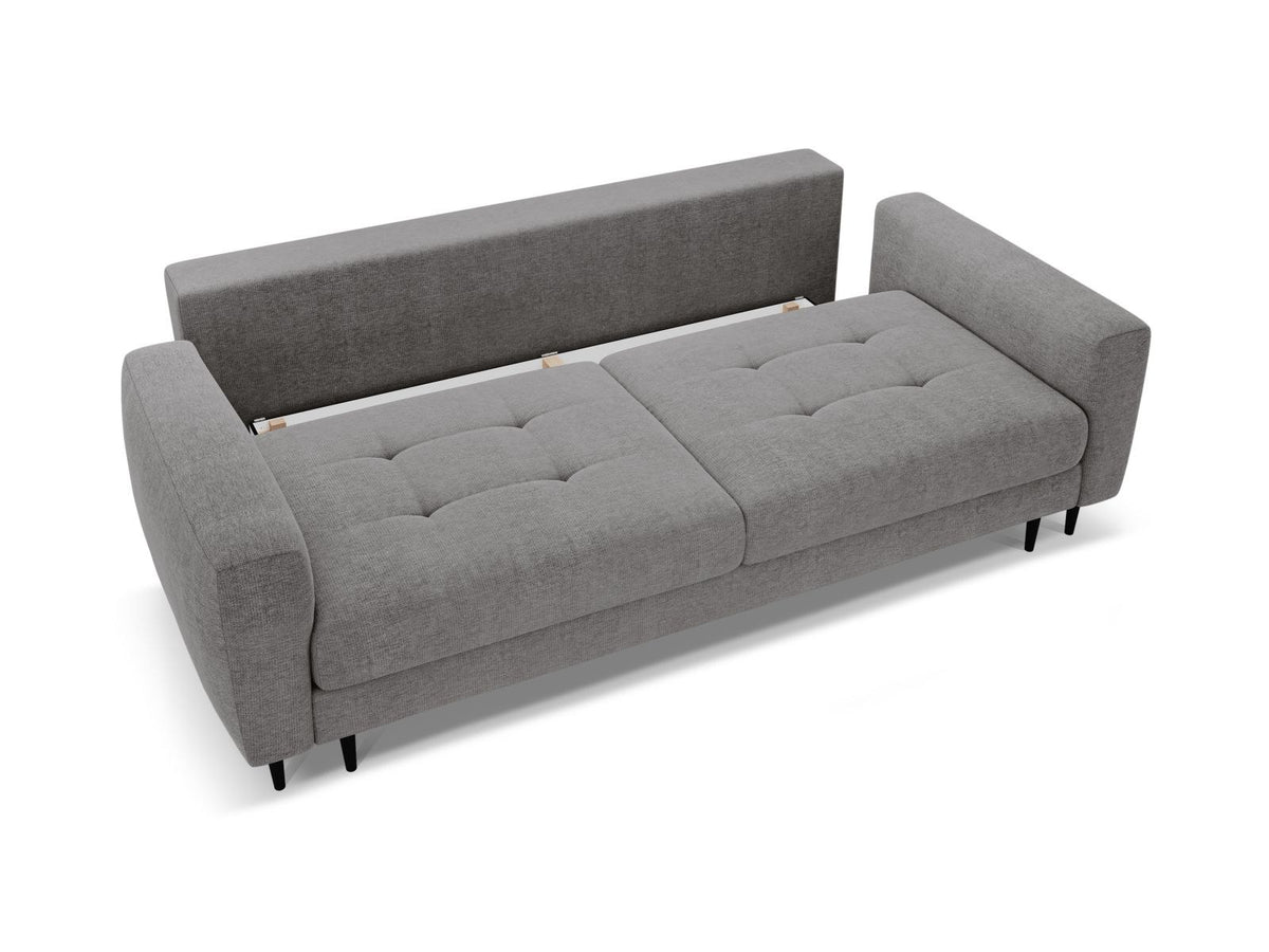 Beiges Bettsofa Lazio mit Sorella-Stoffbezug, Massivholzrahmen, schwarzen Metallbeinen und ausklappbarer Liegefläche samt Bettkasten.