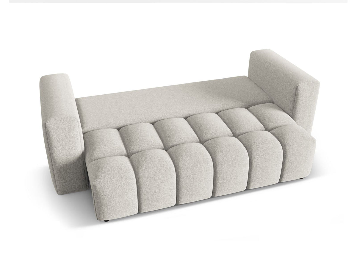 Beiges Bettsofa Verona von Cosmopolitan Design mit Sorella-Polsterstoff, Massivholzrahmen, Bettkasten und schwarzen Kunststoffbeinen.