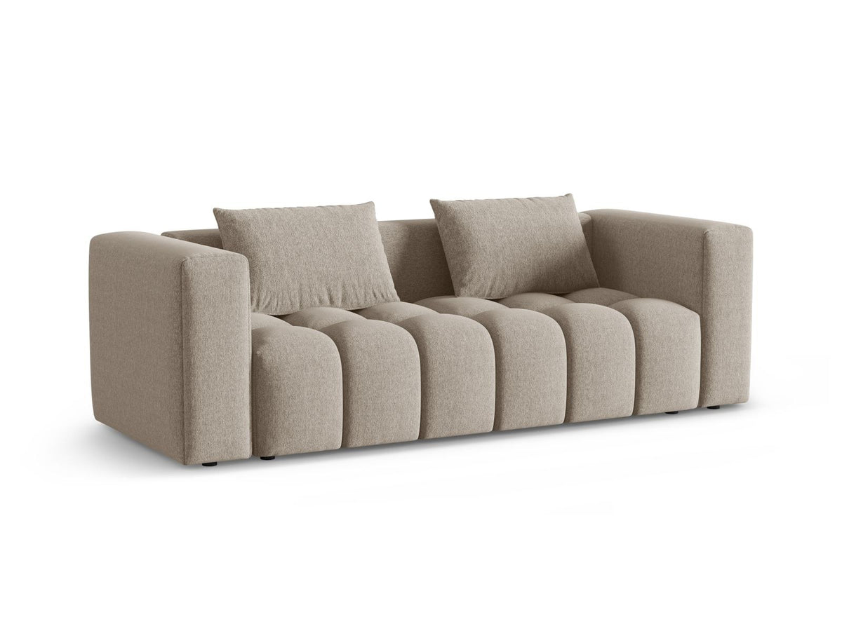 Beiges Bettsofa Verona von Cosmopolitan Design mit Sorella-Polsterstoff, Massivholzrahmen, Bettkasten und schwarzen Kunststoffbeinen.