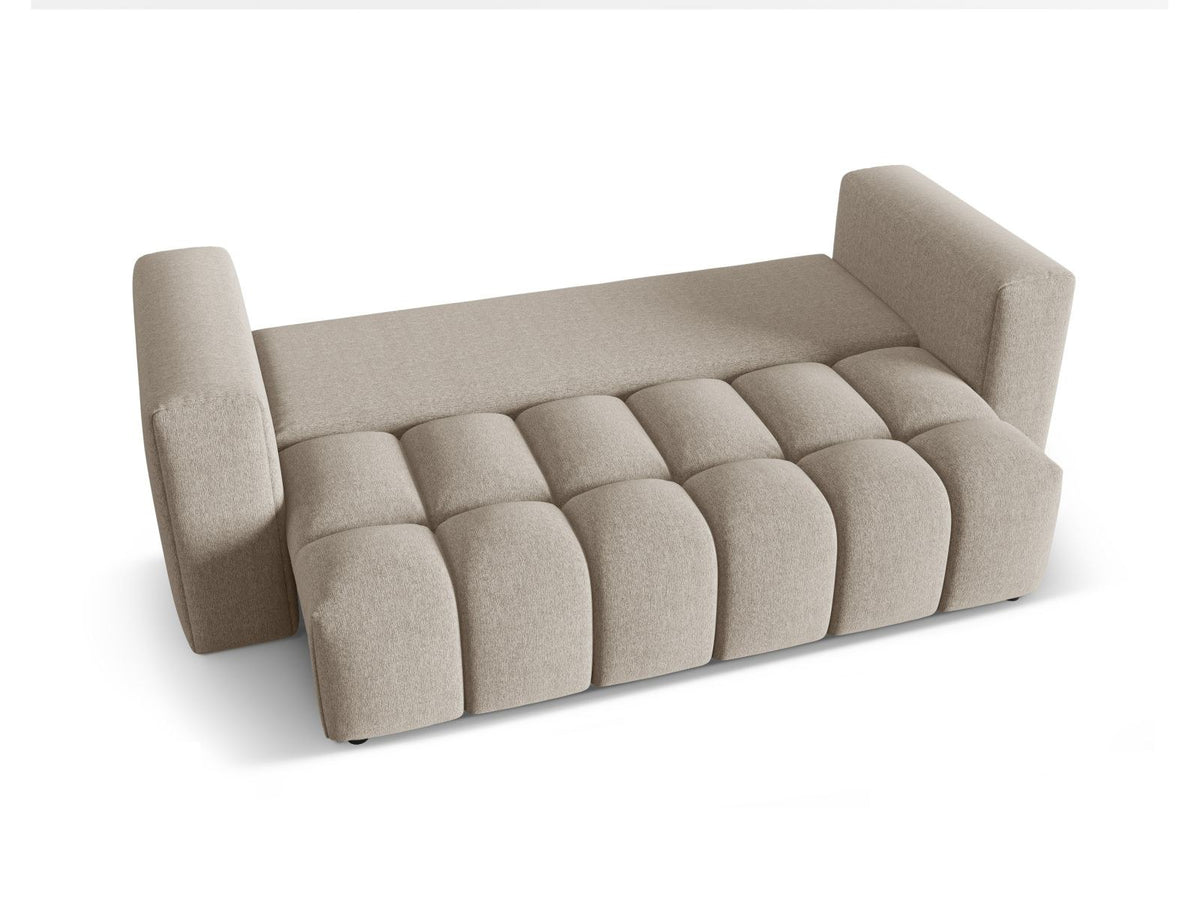 Beiges Bettsofa Verona von Cosmopolitan Design mit Sorella-Polsterstoff, Massivholzrahmen, Bettkasten und schwarzen Kunststoffbeinen.