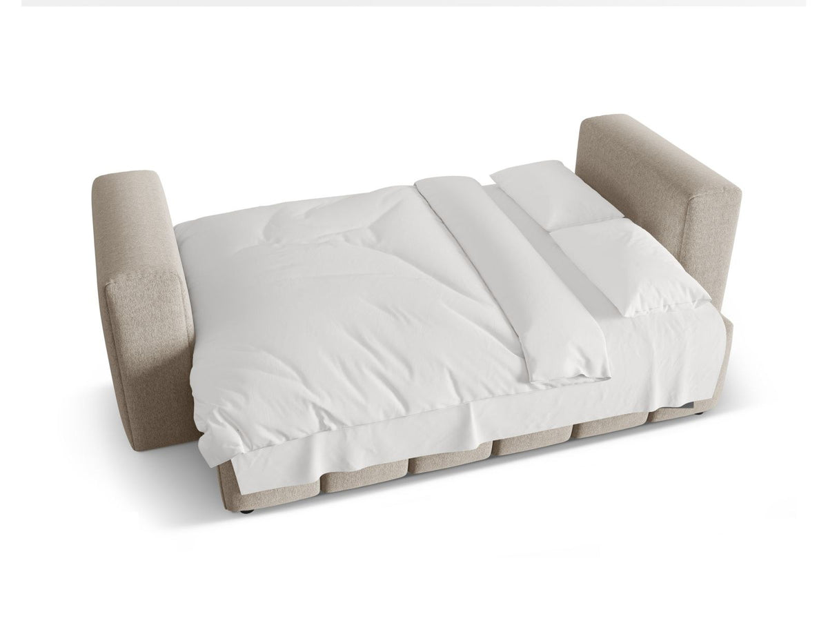 Beiges Bettsofa Verona von Cosmopolitan Design mit Sorella-Polsterstoff, Massivholzrahmen, Bettkasten und schwarzen Kunststoffbeinen.