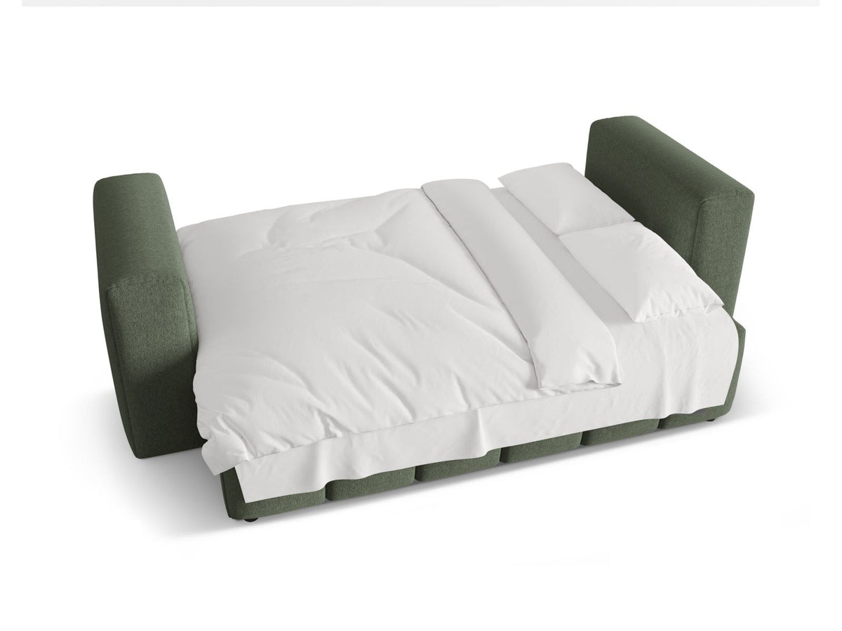 Beiges Bettsofa Verona von Cosmopolitan Design mit Sorella-Polsterstoff, Massivholzrahmen, Bettkasten und schwarzen Kunststoffbeinen.