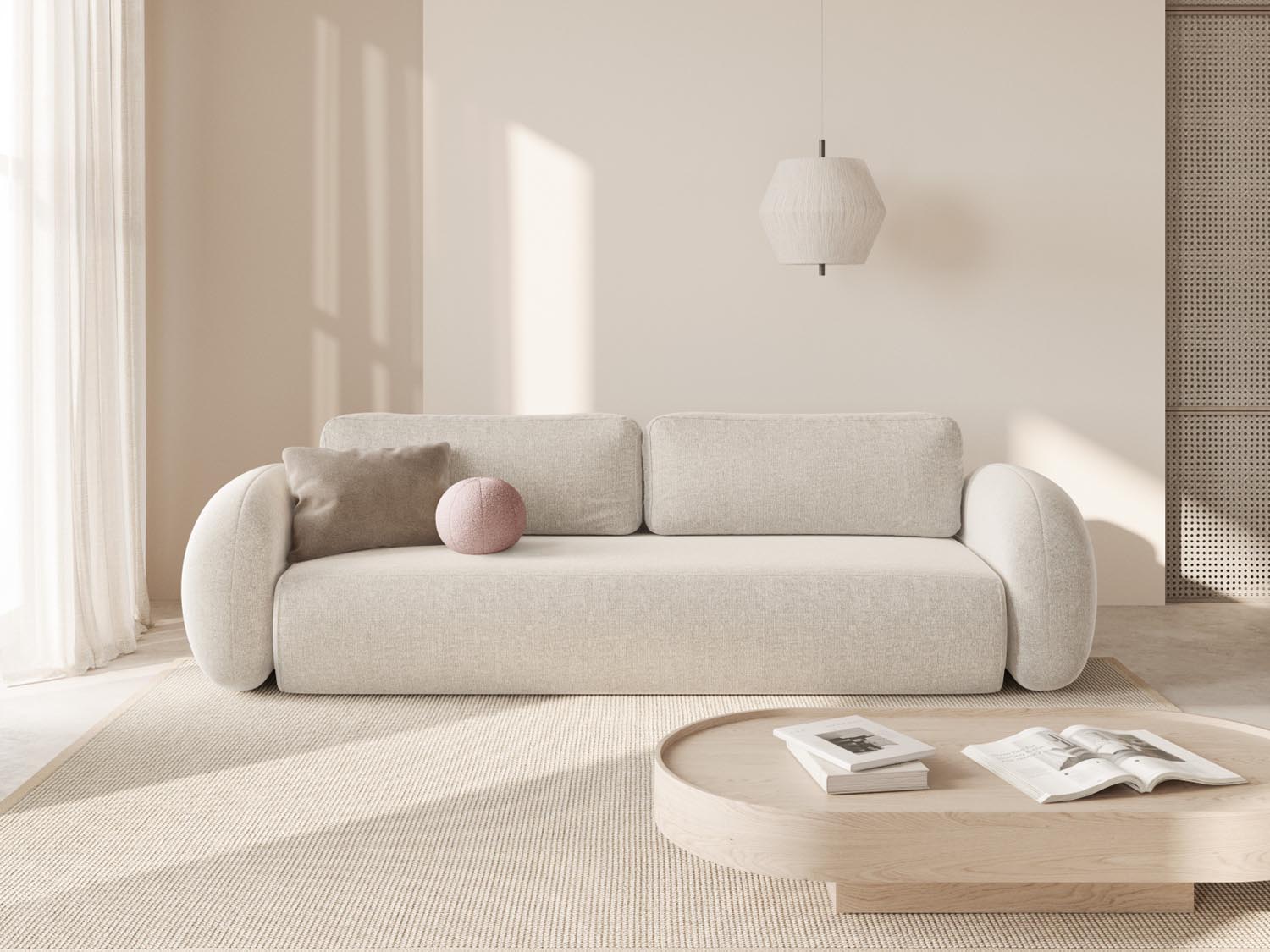 Elegantes Tonale Sofa in Light Beige-Eden, 3-Sitzer mit Schlaffunktion und Stauraum, ideal für modernes Wohnen und vielseitige Nutzung.