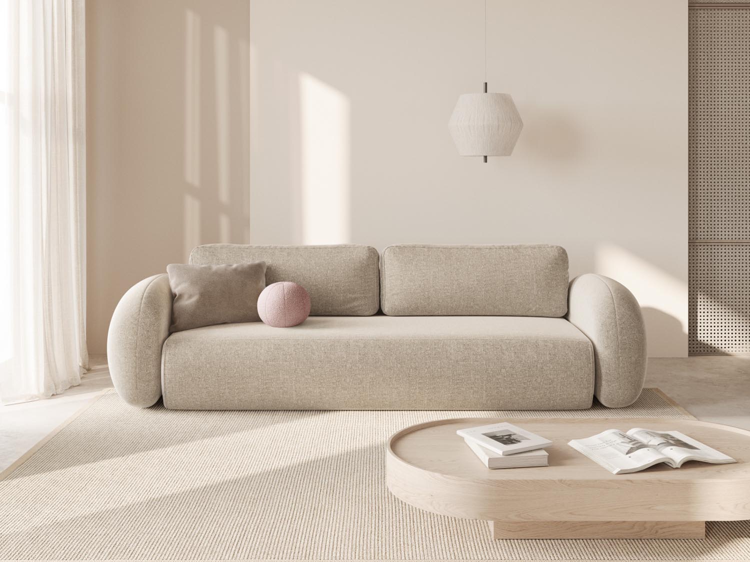 Elegantes Tonale Bettsofa in Dunkelbeige mit Schlaffunktion und Stauraum, ideal für stilvolle Wohnräume und Gästezimmer.