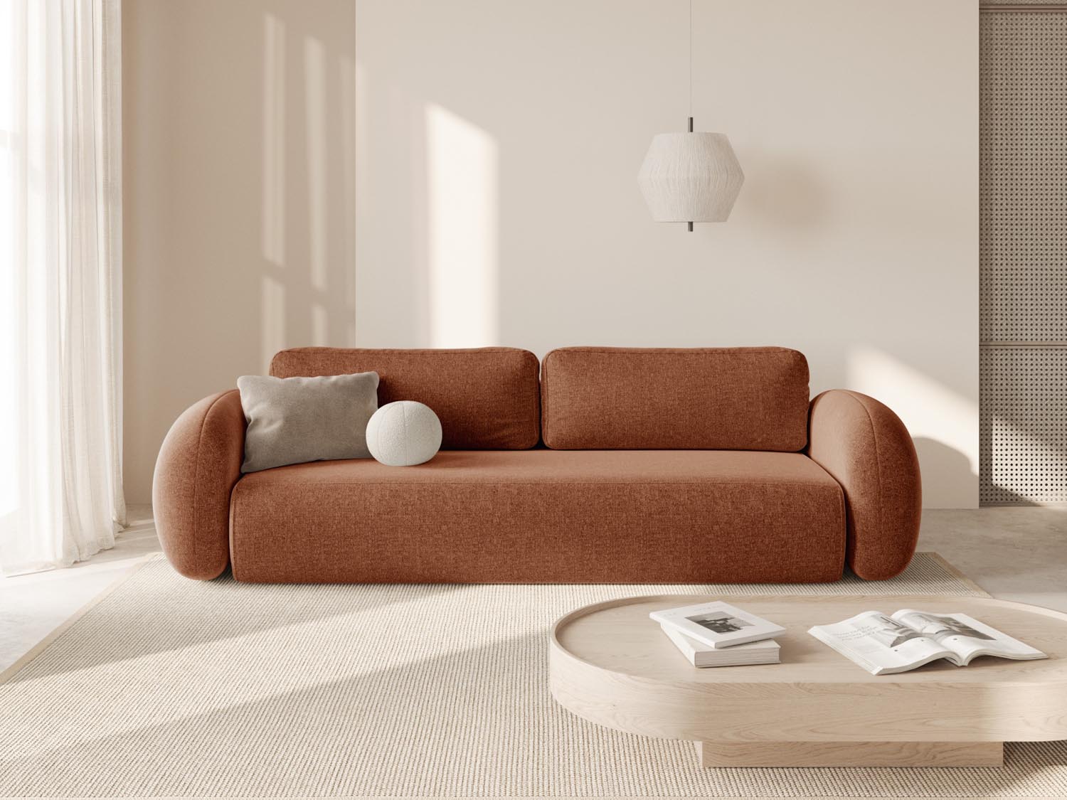 Elegantes Tonale Sofa in Brick-Eden, 3-Sitzer mit Schlaffunktion und praktischem Stauraum, ideal für modernes Wohnen.