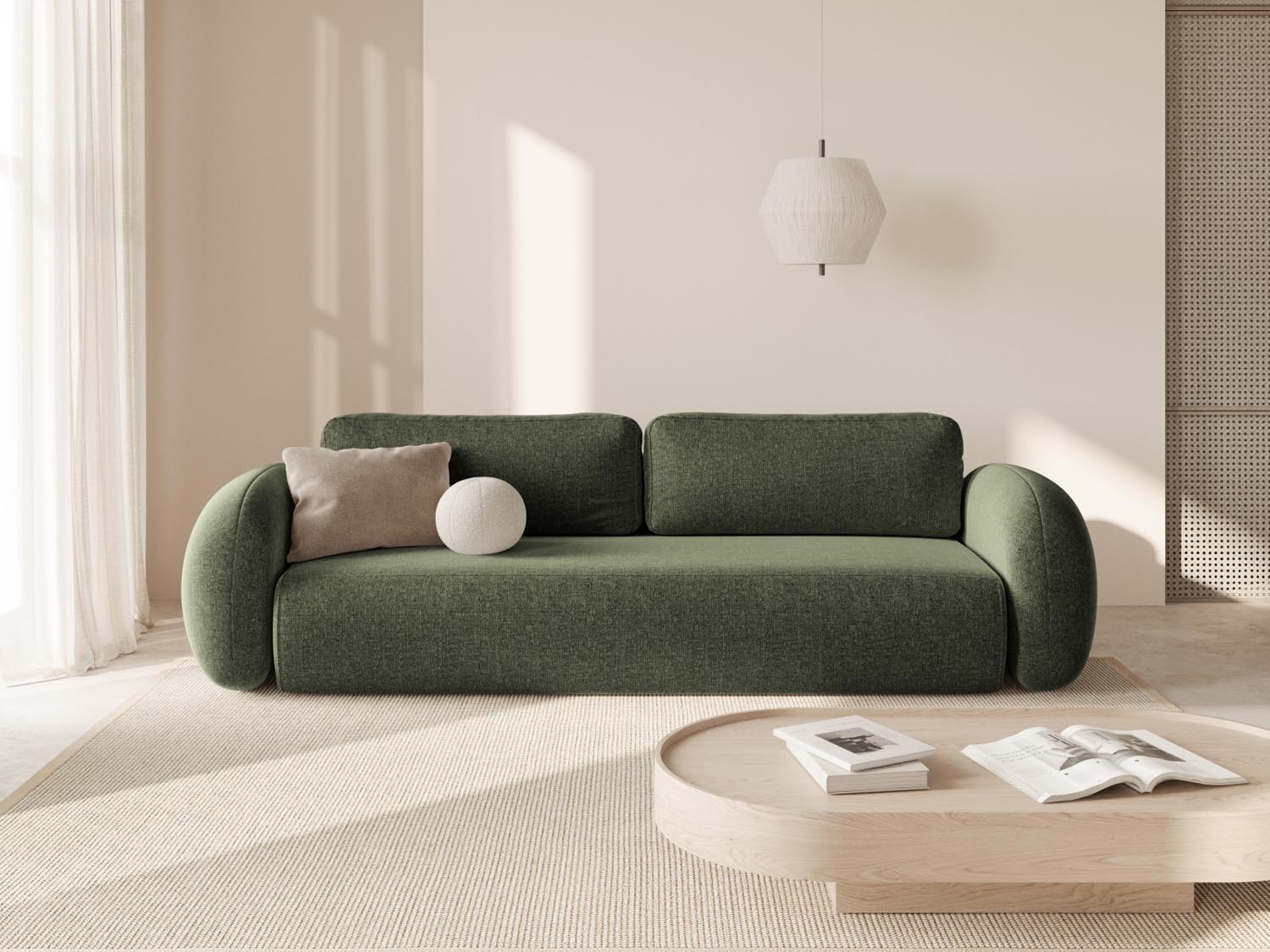 Elegantes Tonale Sofa in Green-Eden, 3-Sitzer mit Schlaffunktion und Stauraum, ideal für modernes Wohnen und vielseitige Nutzung.
