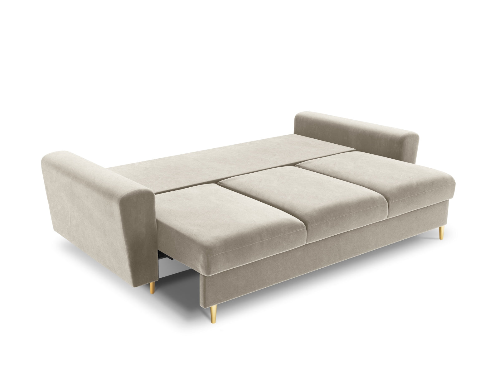 Elegantes 3-Sitzer Kyoto Sofa in sanftem Beige, ausgestattet mit Schlaffunktion und Stauraum, ideal für stilvolle und funktionale Wohnräume.