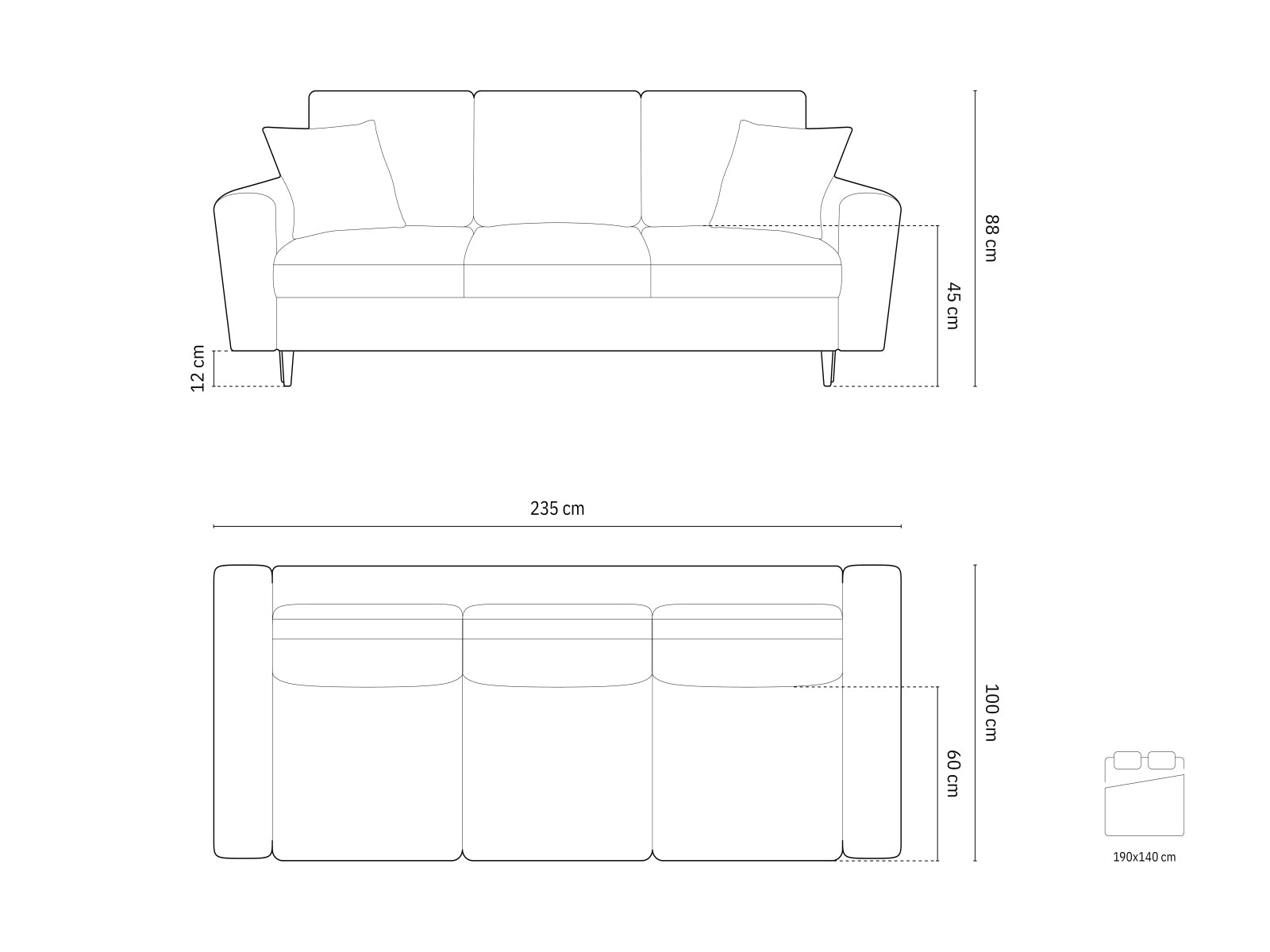 Elegantes Kyoto Sofa in Schwarz, 3-Sitzer mit integrierter Schlaffunktion und Stauraum, perfekt für stilvolle und funktionale Wohnräume.