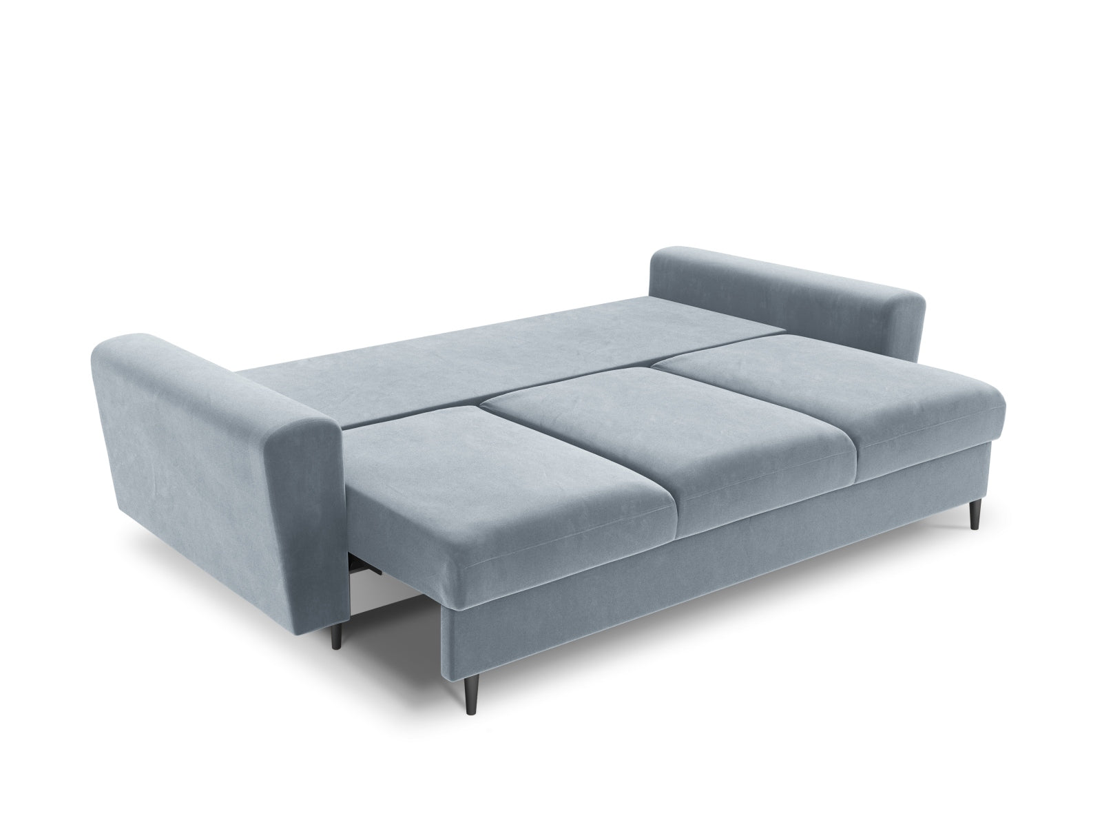 Modernes Kyoto Sofa in zartem Blau, 3-Sitzer mit praktischer Schlaffunktion und Stauraum, perfekt für multifunktionale Wohnbereiche.