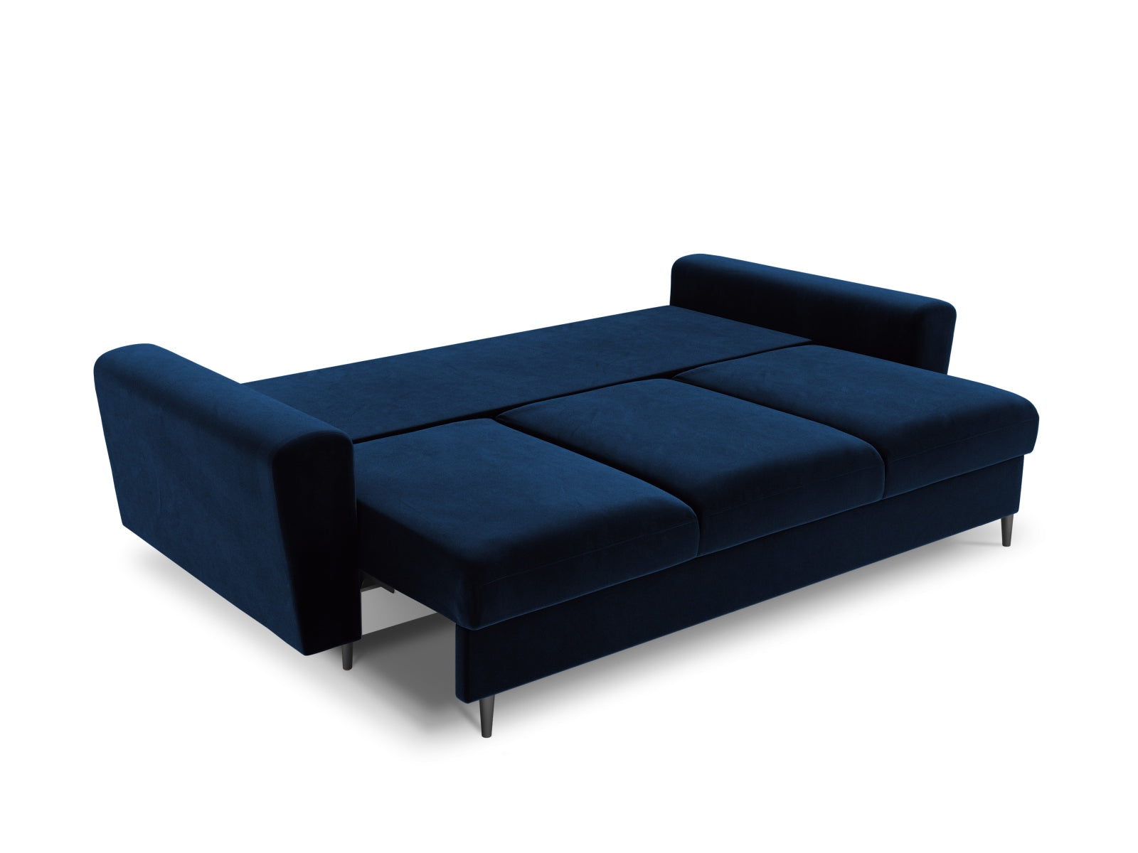 Elegantes Kyoto Sofa in tiefem Blau, 3-Sitzer mit praktischer Schlaffunktion und integriertem Stauraum, perfekt für stilvolle Wohnräume.