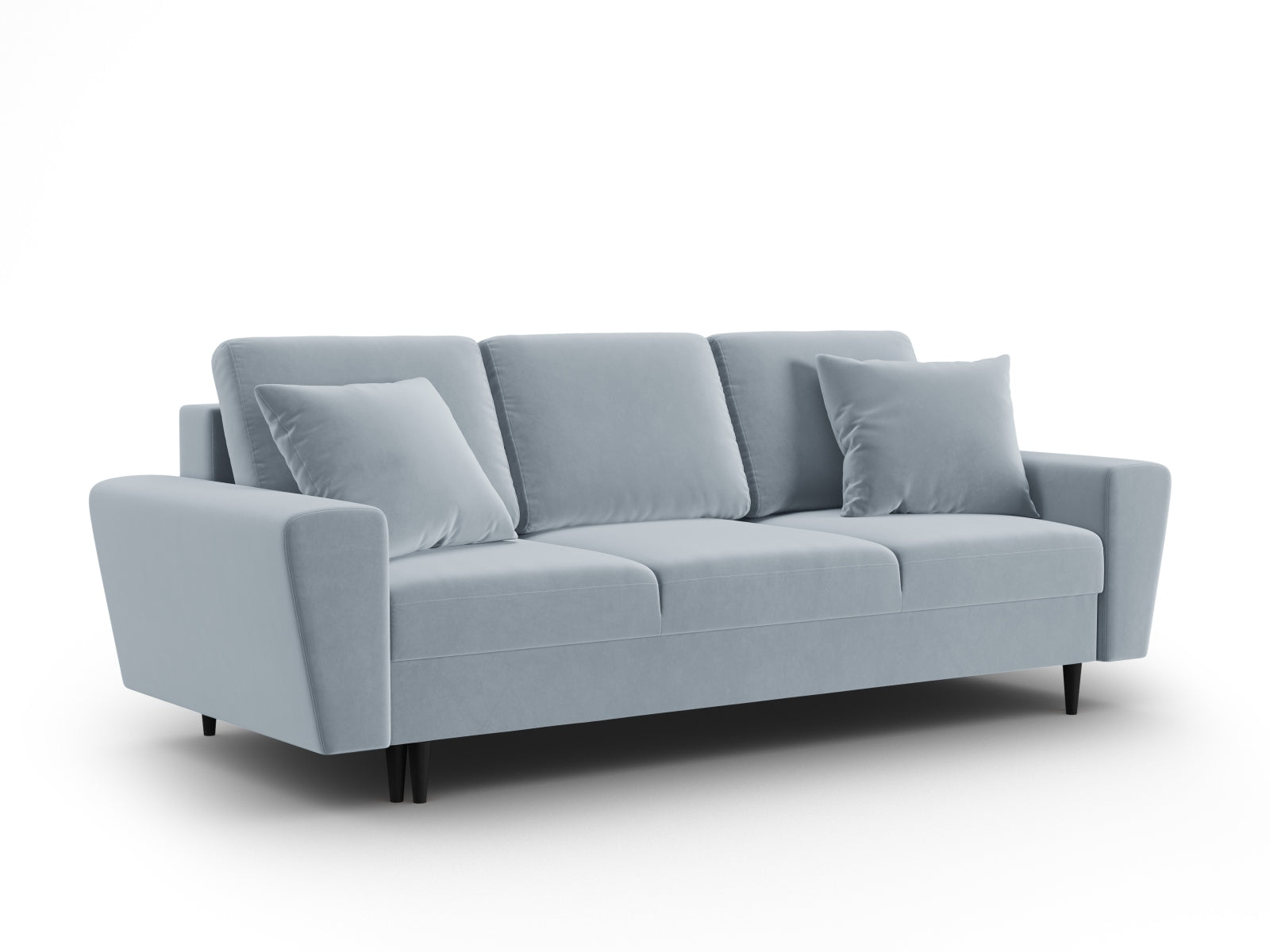 Elegantes Kyoto Sofa in sanftem Blau, 3-Sitzer mit integrierter Schlaffunktion und Stauraum, ideal für stilvolle Wohnräume.