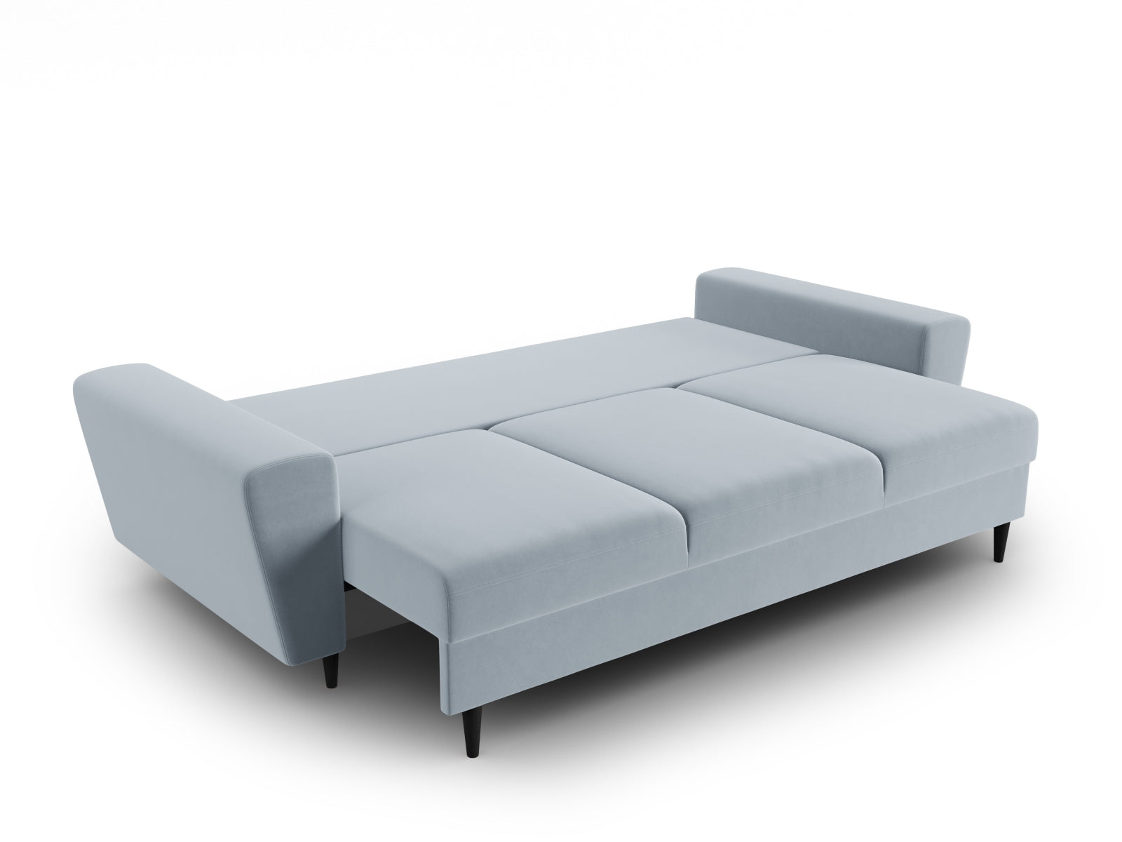 Elegantes Kyoto Sofa in sanftem Blau, 3-Sitzer mit cleverer Schlaffunktion und integriertem Stauraum, ideal für stilvolle und praktische Wohnräume.