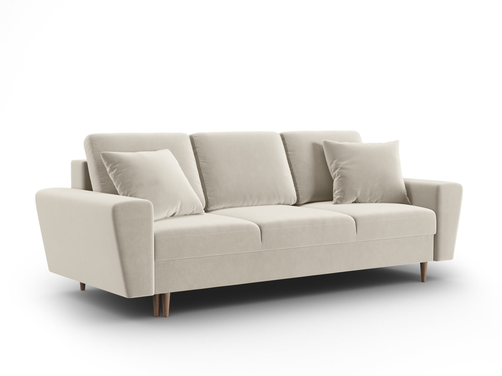 Stylisches 3-Sitzer Kyoto Sofa in sanftem Beige, ausgestattet mit Schlaffunktion und Stauraum, ideal für kleine Räume und flexible Nutzung.