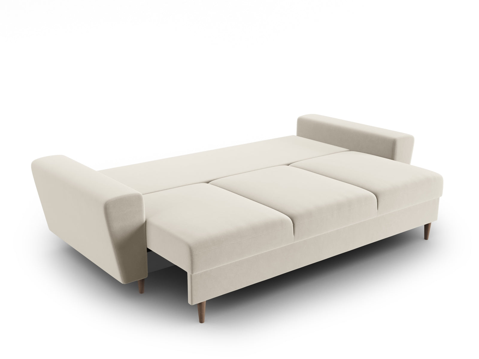 Stylisches Kyoto Sofa in sanftem Beige, 3-Sitzer mit integrierter Schlaffunktion und Stauraum, ideal für moderne Wohnräume.
