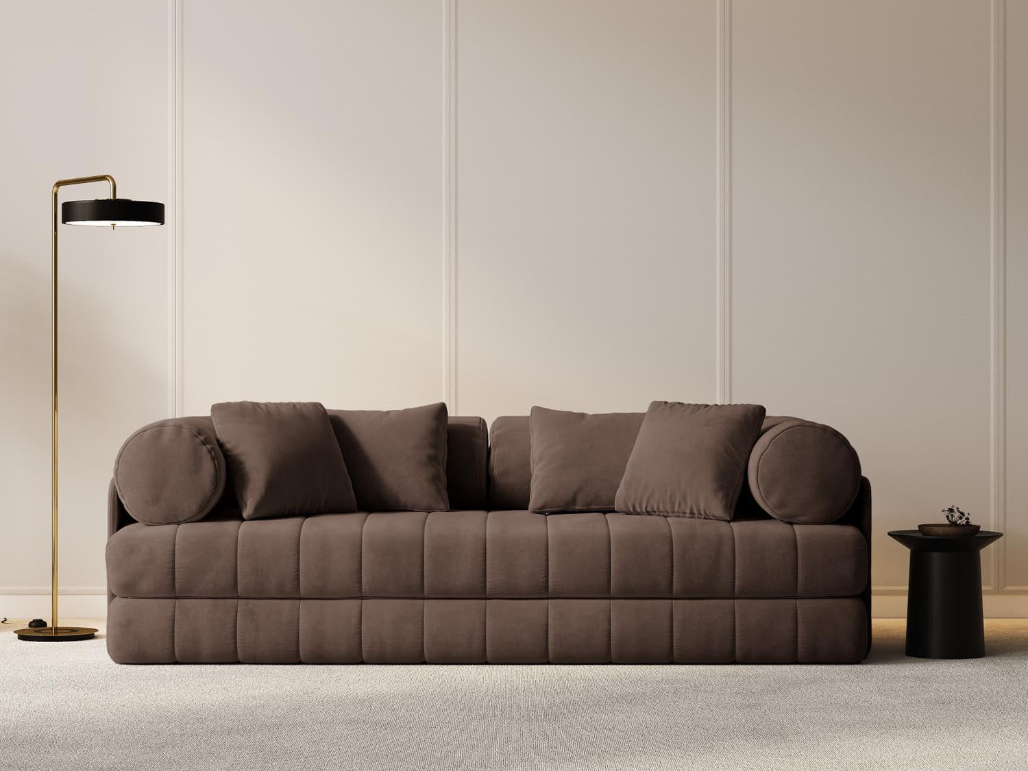 Elegantes Kemi Velour Sofa in Schokoladenfarbe, 3-Sitzer mit Schlaffunktion, ideal für stilvolle Wohnräume und Gästezimmer.