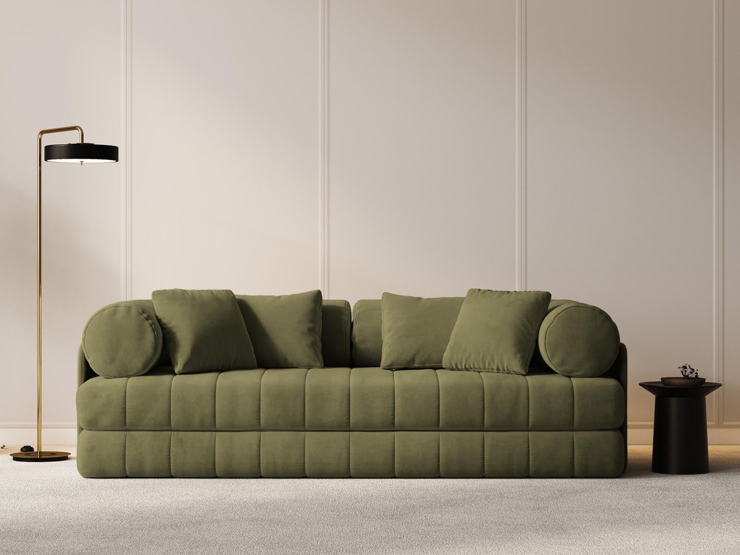 Erleben Sie das Kemi Velour Sofa mit Schlaffunktion – ein elegantes 3-Sitzer von Cosmopolitan Design, ideal für stilvolle Wohnräume und entspannte Nächte.