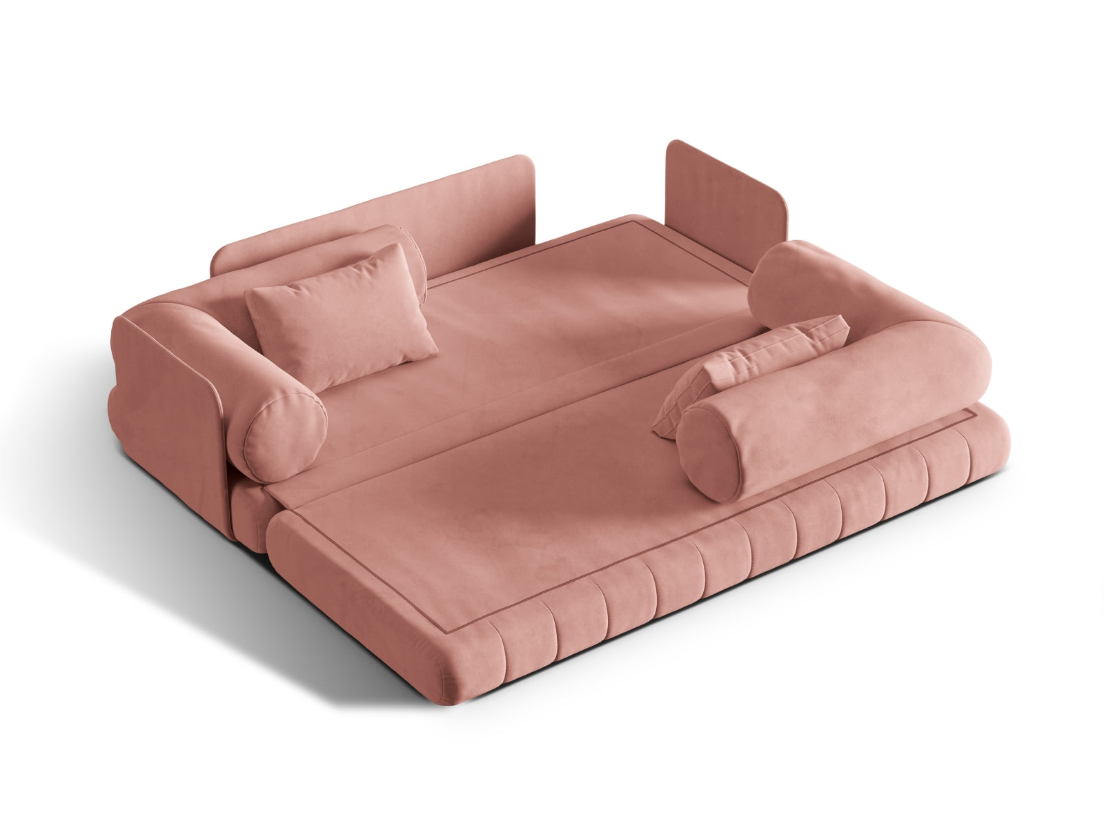 Elegantes Kemi Velour Sofa in zartem Rosa, 3-Sitzer mit integrierter Schlaffunktion, ideal für stilvolle Wohnräume und Gästeübernachtungen.