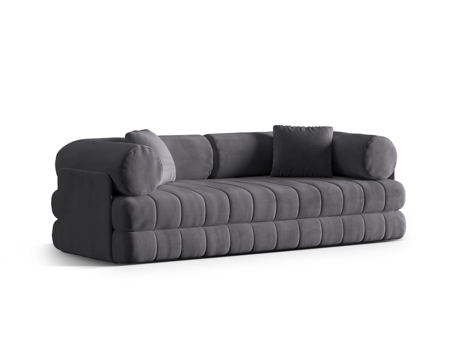 Modernes 3-Sitzer Sofa Kemi aus Velours in Dunkelgrau, vielseitig einsetzbar mit Schlaffunktion für zusätzlichen Komfort.