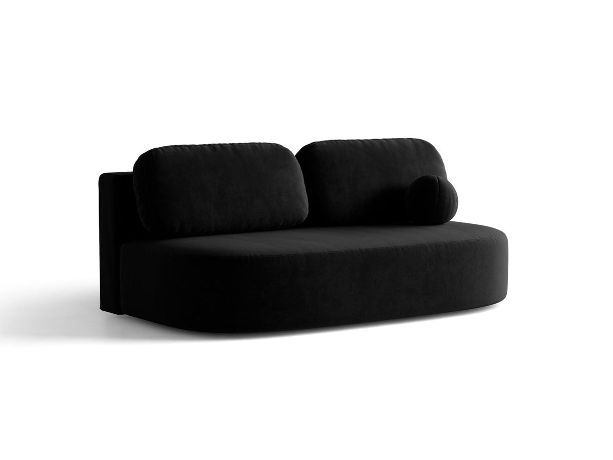 Beige Samt-Bettsofa Sophia von Cosmopolitan Design mit Bettkasten, Massivholzrahmen und schwarzen Kunststoffbeinen, drei Sitzplätze.