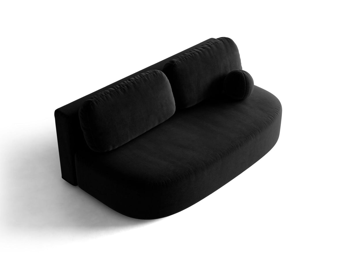 Beige Samt-Bettsofa Sophia von Cosmopolitan Design mit Bettkasten, Massivholzrahmen und schwarzen Kunststoffbeinen, drei Sitzplätze.