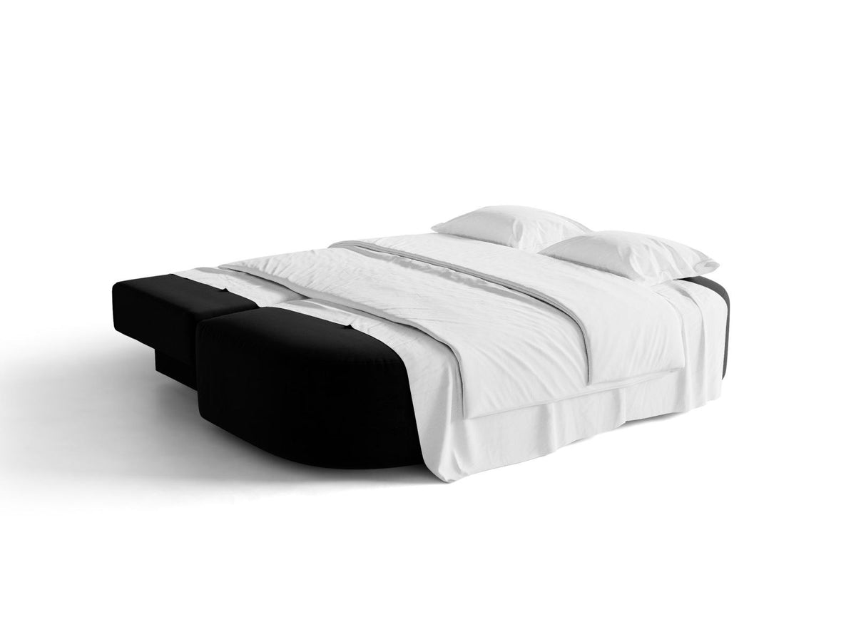 Beige Samt-Bettsofa Sophia von Cosmopolitan Design mit Bettkasten, Massivholzrahmen und schwarzen Kunststoffbeinen, drei Sitzplätze.