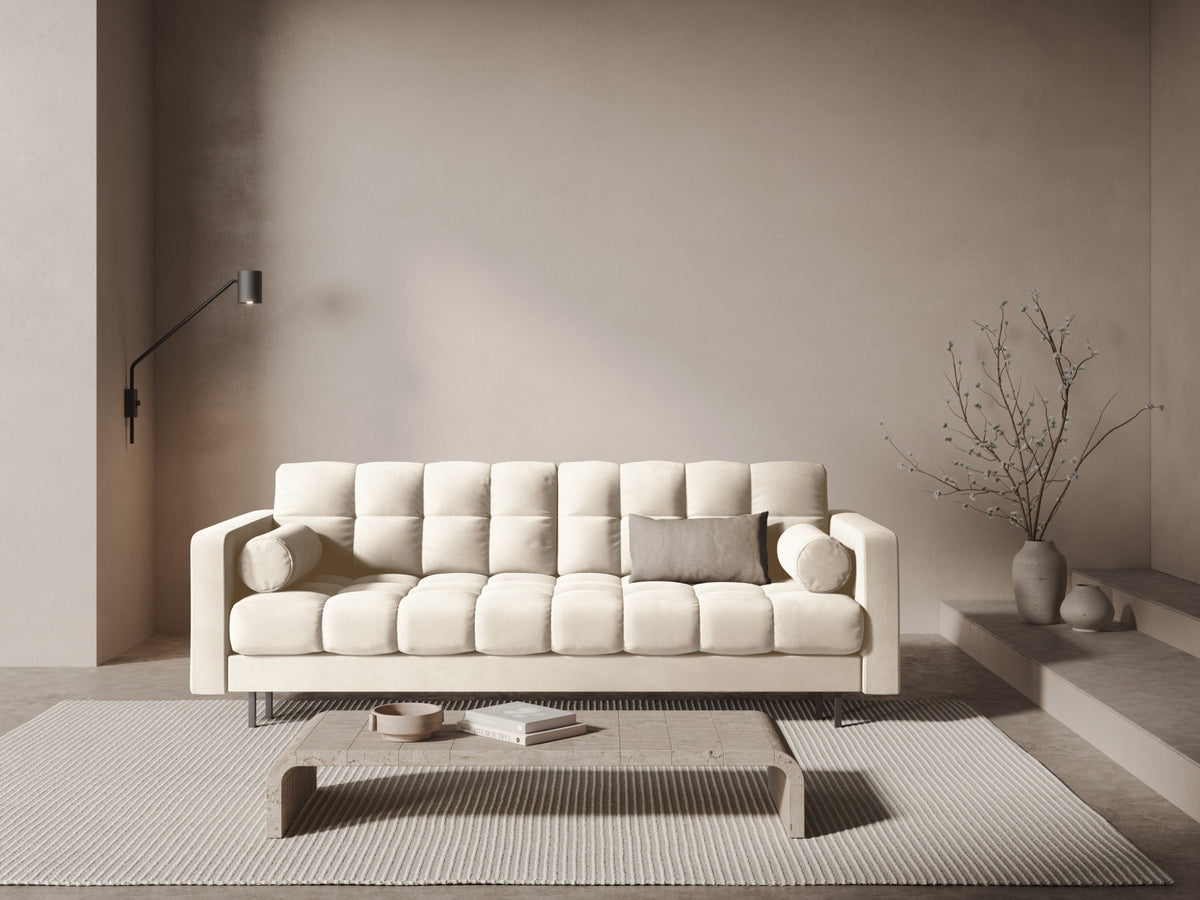 Dreisitzer Bettsofa Bali mit Stoffbezug, Holzrahmen und schwarzen Metallbeinen