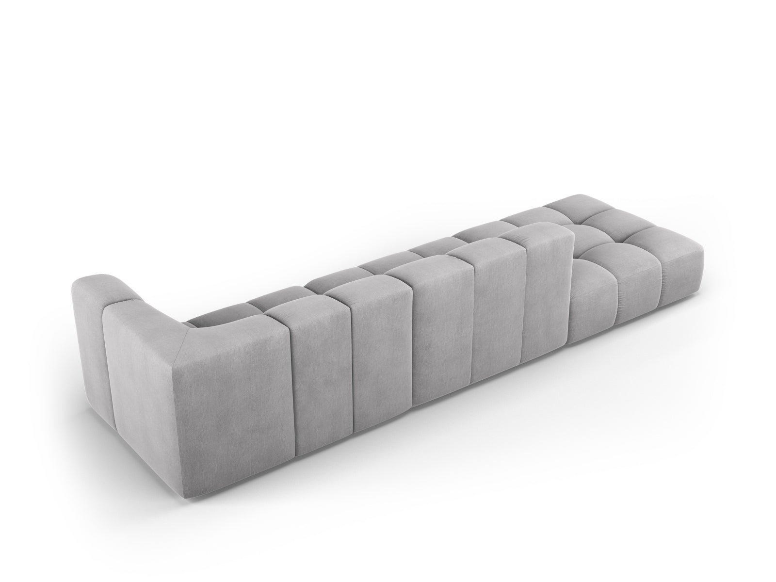Modulares 4-Sitzer Sofa Moritz in sanftem Grau, vielseitig kombinierbar und perfekt für stilvolle Wohnzimmergestaltung.