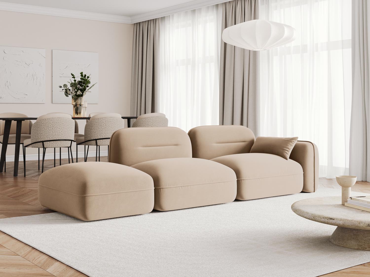 Elegantes Sydney Velour 3-Sitzer Sofa in Sand-Casino, ideal für stilvolle Wohnräume, präsentiert von Cosmopolitan Design.