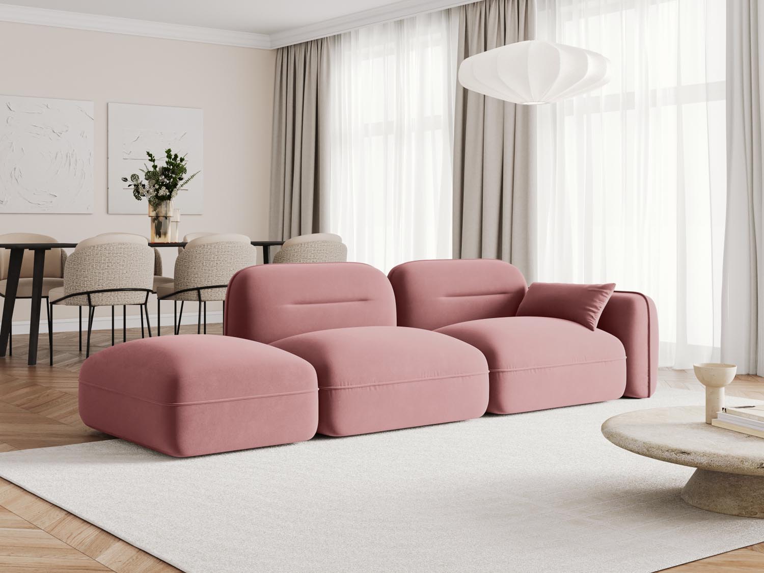 Elegantes Sydney Velour 3-Sitzer Sofa in Flamingo-Casino, ideal für stilvolle Wohnräume, präsentiert von Cosmopolitan Design.