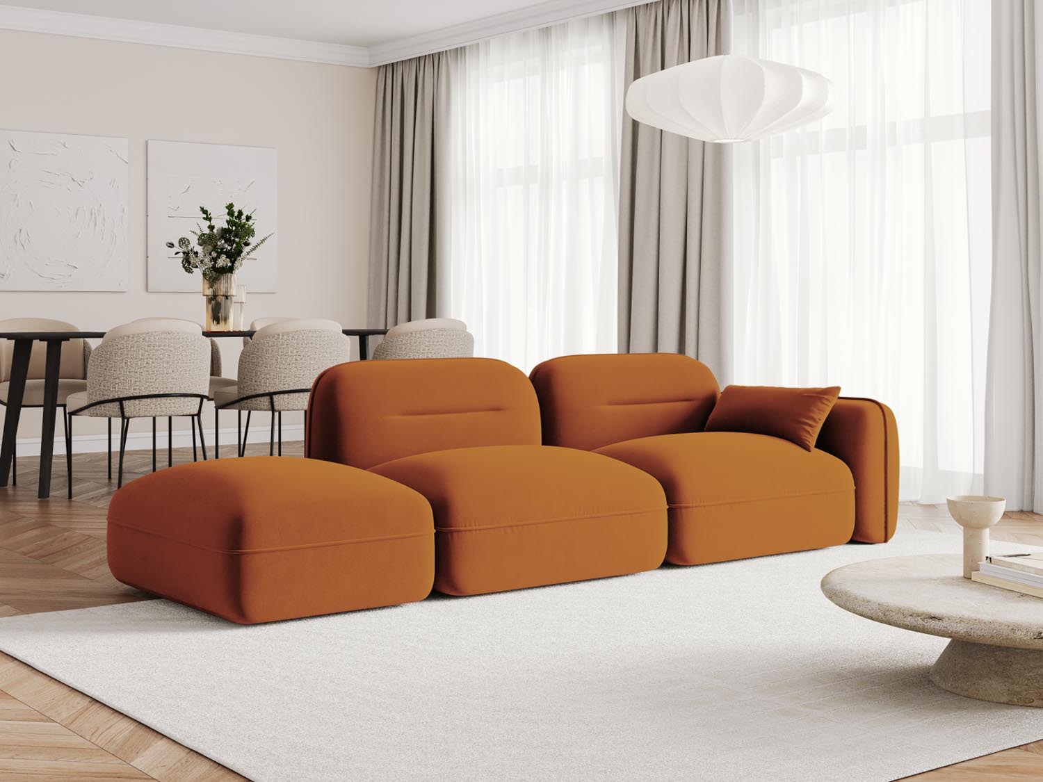 Elegantes Sydney Velour 3-Sitzer Sofa in Terracotta, linksseitig modular, ideal für stilvolle Wohnräume.