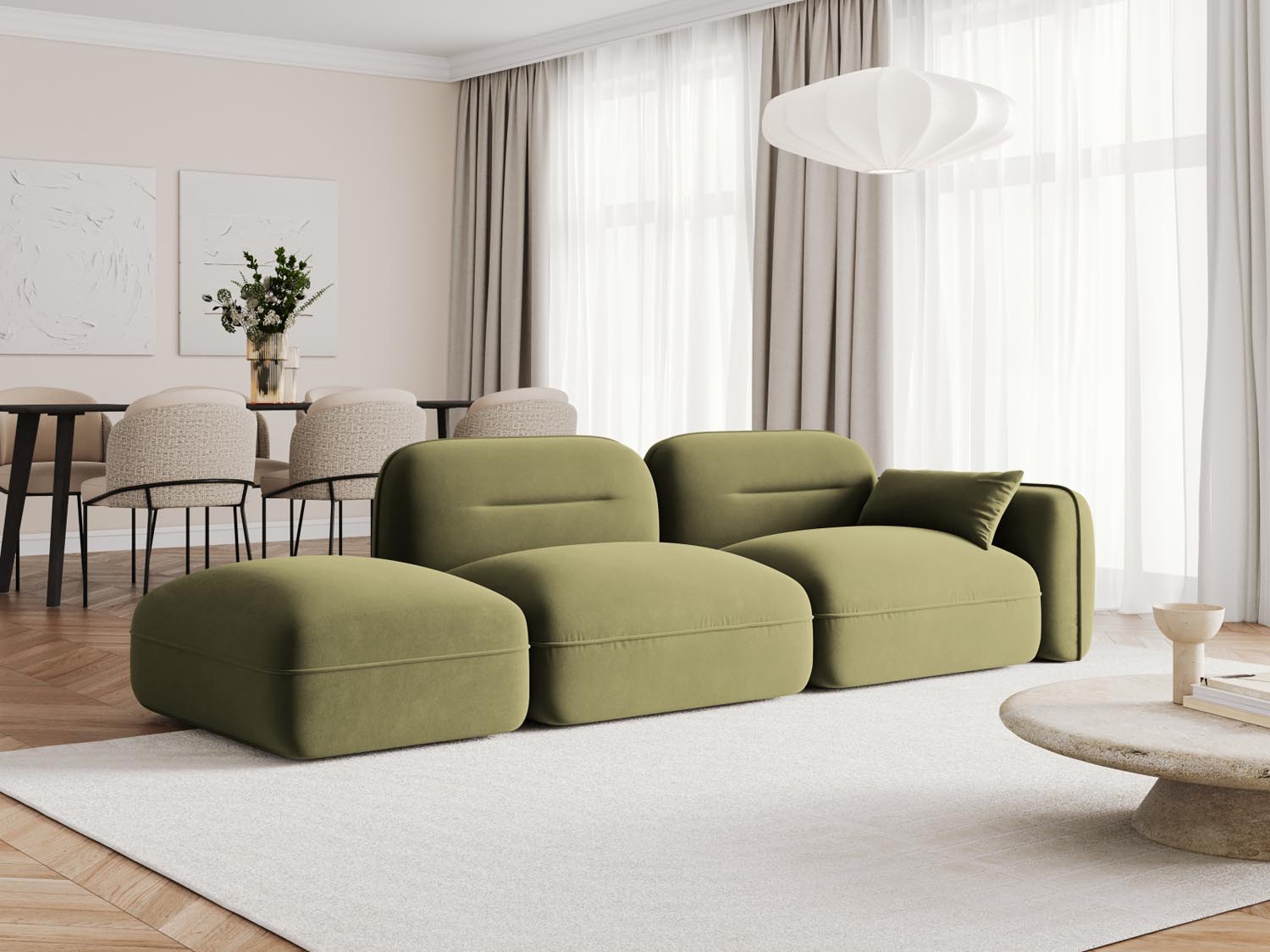 Elegantes Sydney Velour 3-Sitzer Sofa in sanftem Hellgrün, ideal für stilvolle Wohnräume, präsentiert von Cosmopolitan Design.