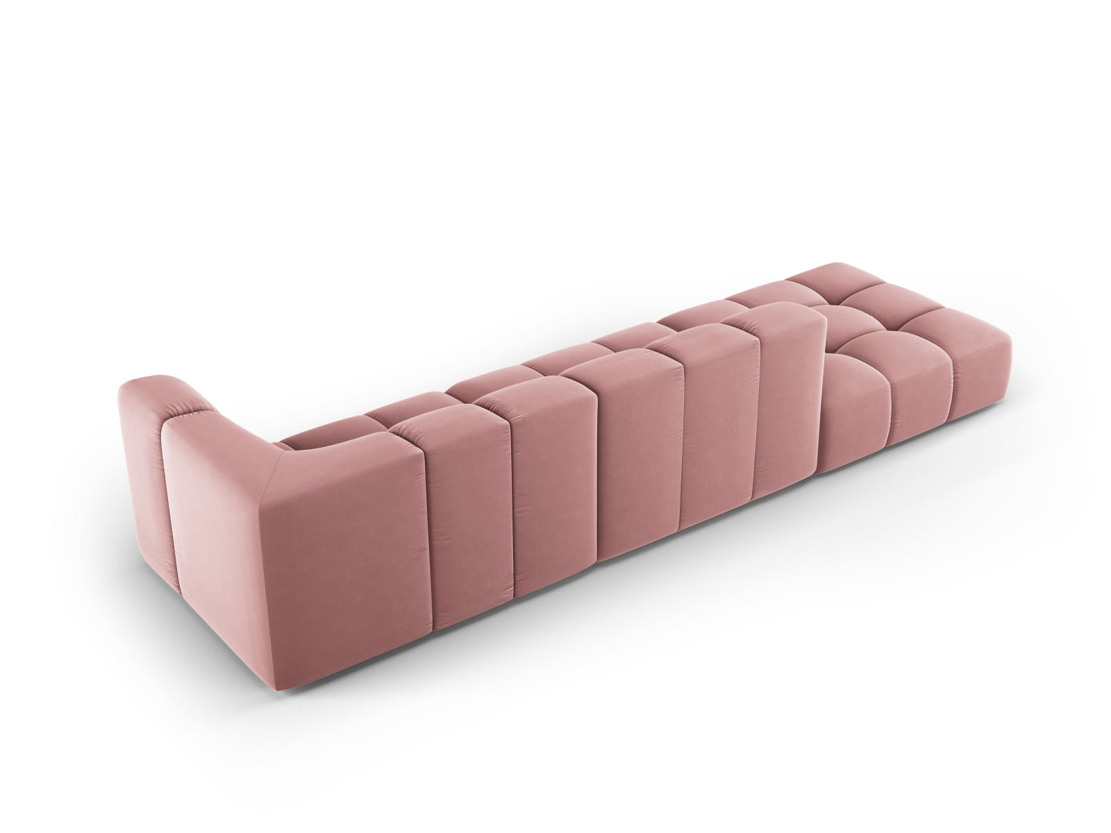 Modulares 4-Sitzer Sofa Moritz in ansprechendem Pink-Bluvel, perfekt für moderne Wohnkonzepte und flexible Raumgestaltung.