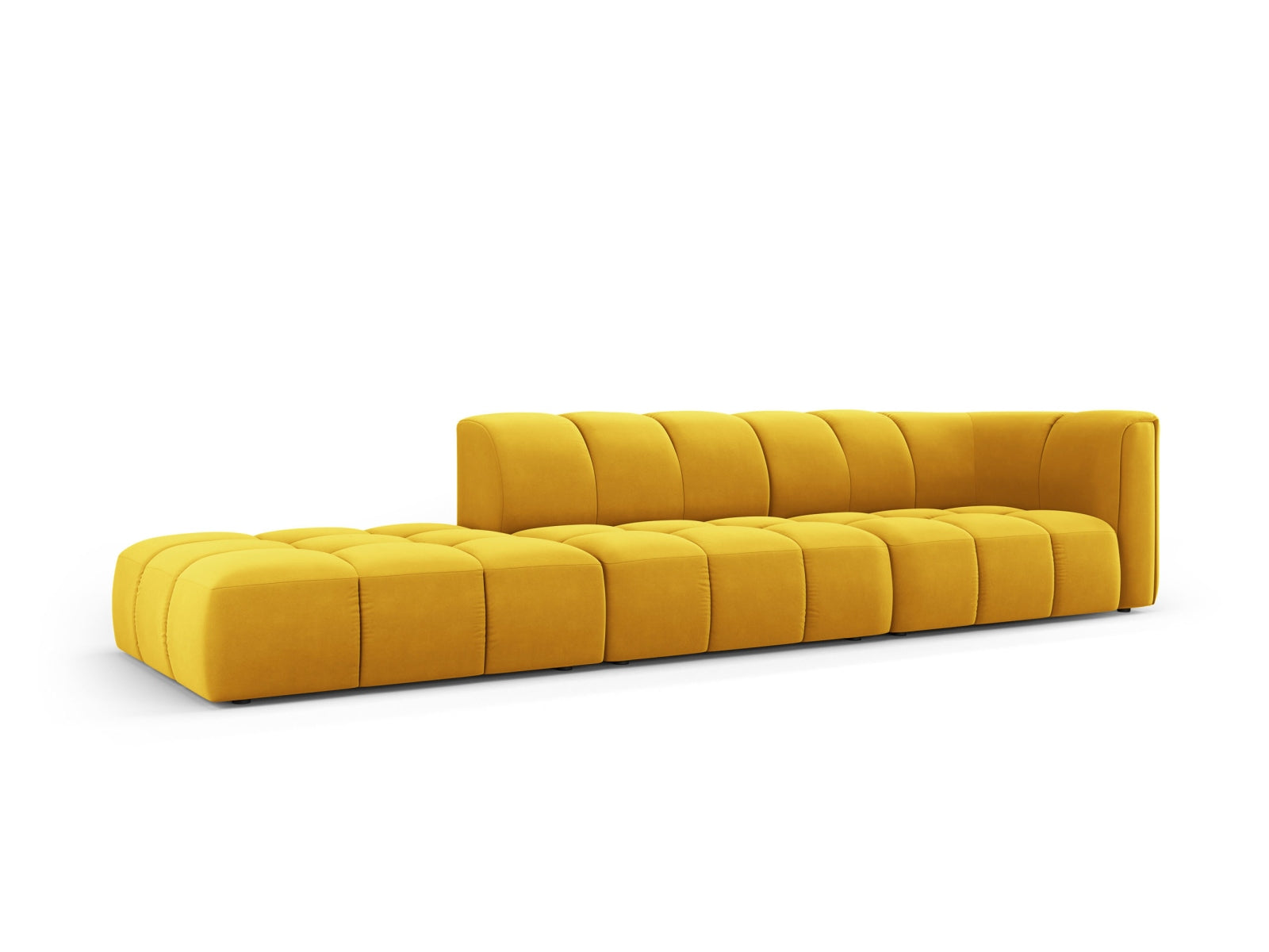 Elegantes 4-Sitzer Sofa Moritz in Yellow-Bluvel, ideal für moderne Wohnräume, präsentiert sich in stilvollem Design und hoher Funktionalität.