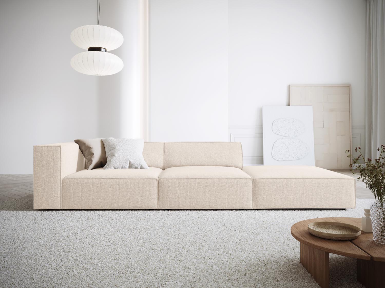 Elegantes Arendal Sofa rechts, 4-Sitzer in sanftem Beige, ideal für stilvolle Wohnräume. Modernes Design von Cosmopolitan Design.