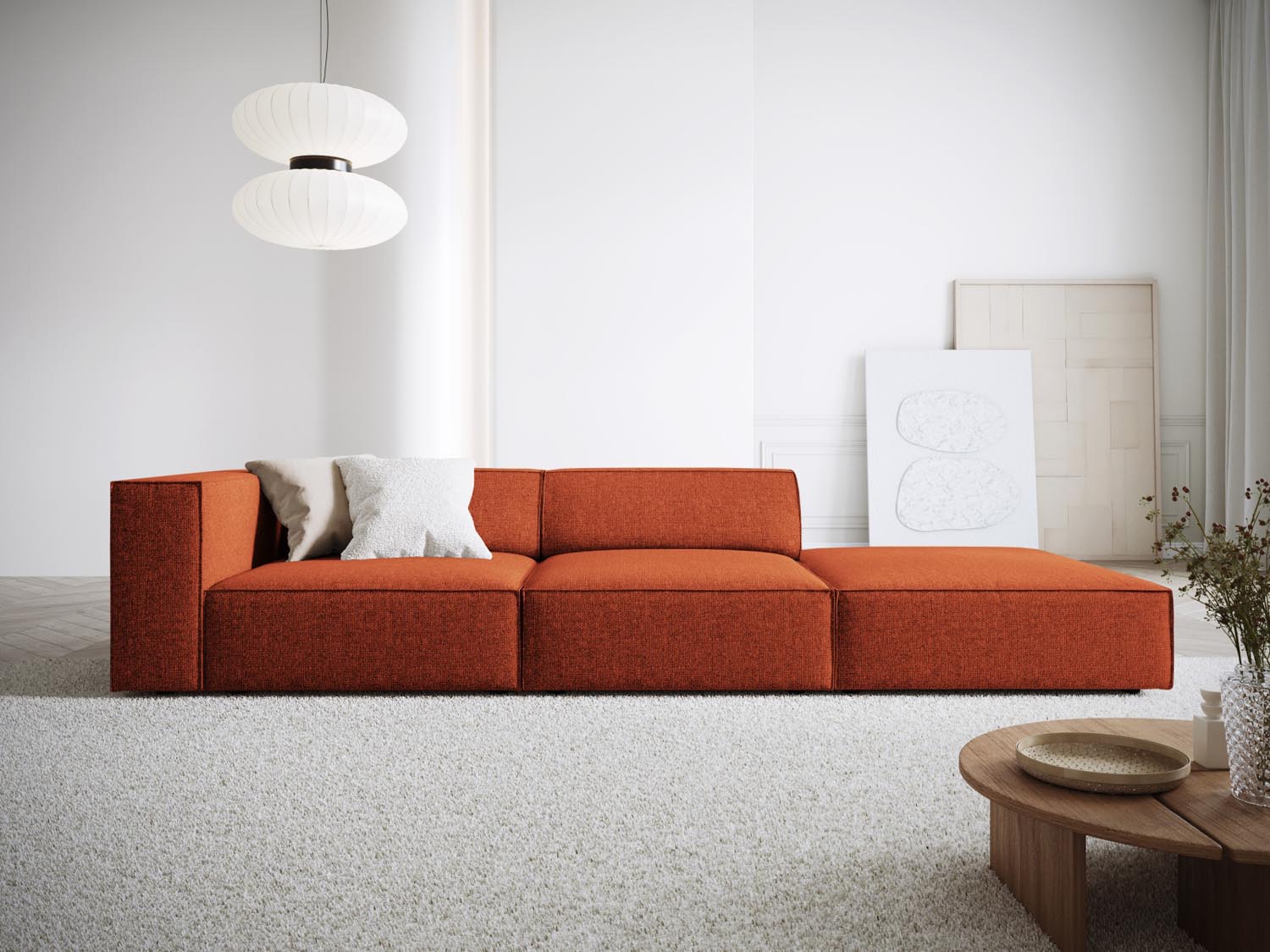 Elegantes Arendal Sofa in Terracotta, 4-Sitzer, rechtsseitig, stilvoll präsentiert im modernen Wohnambiente.