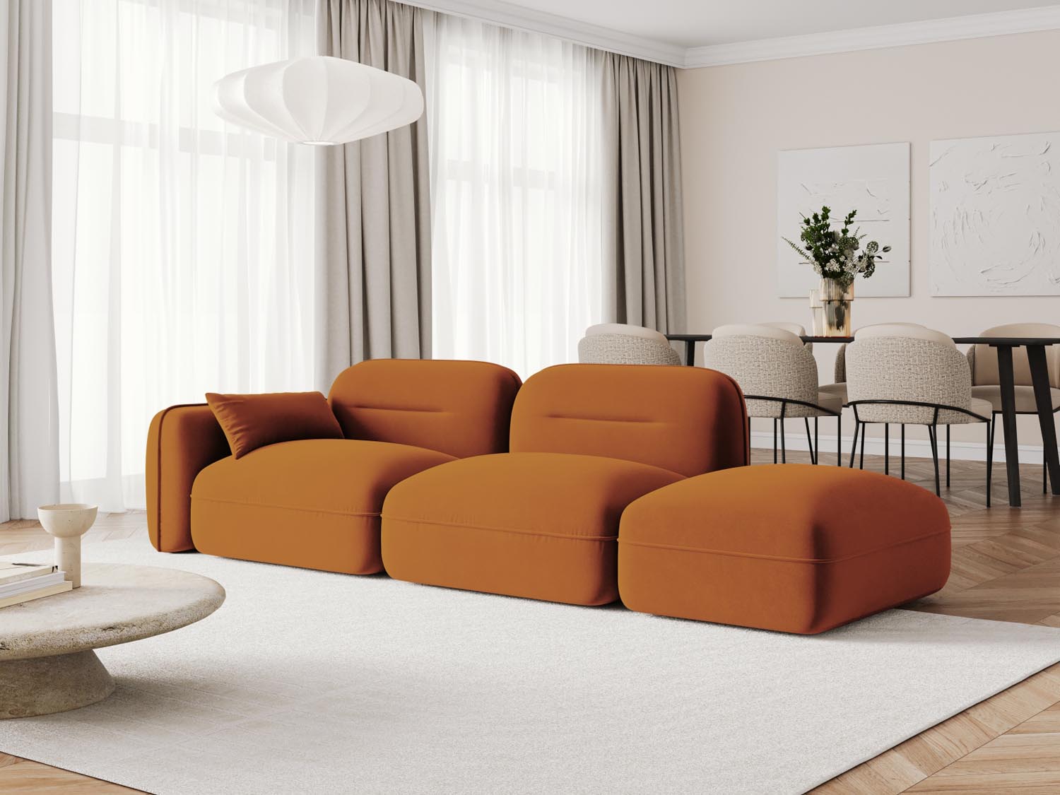 Elegantes 3-Sitzer Sofa "Sydney" in Terracotta, modulare Velour-Polsterung, ideal für stilvolle Wohnräume, präsentiert von KAQTU Design AG.