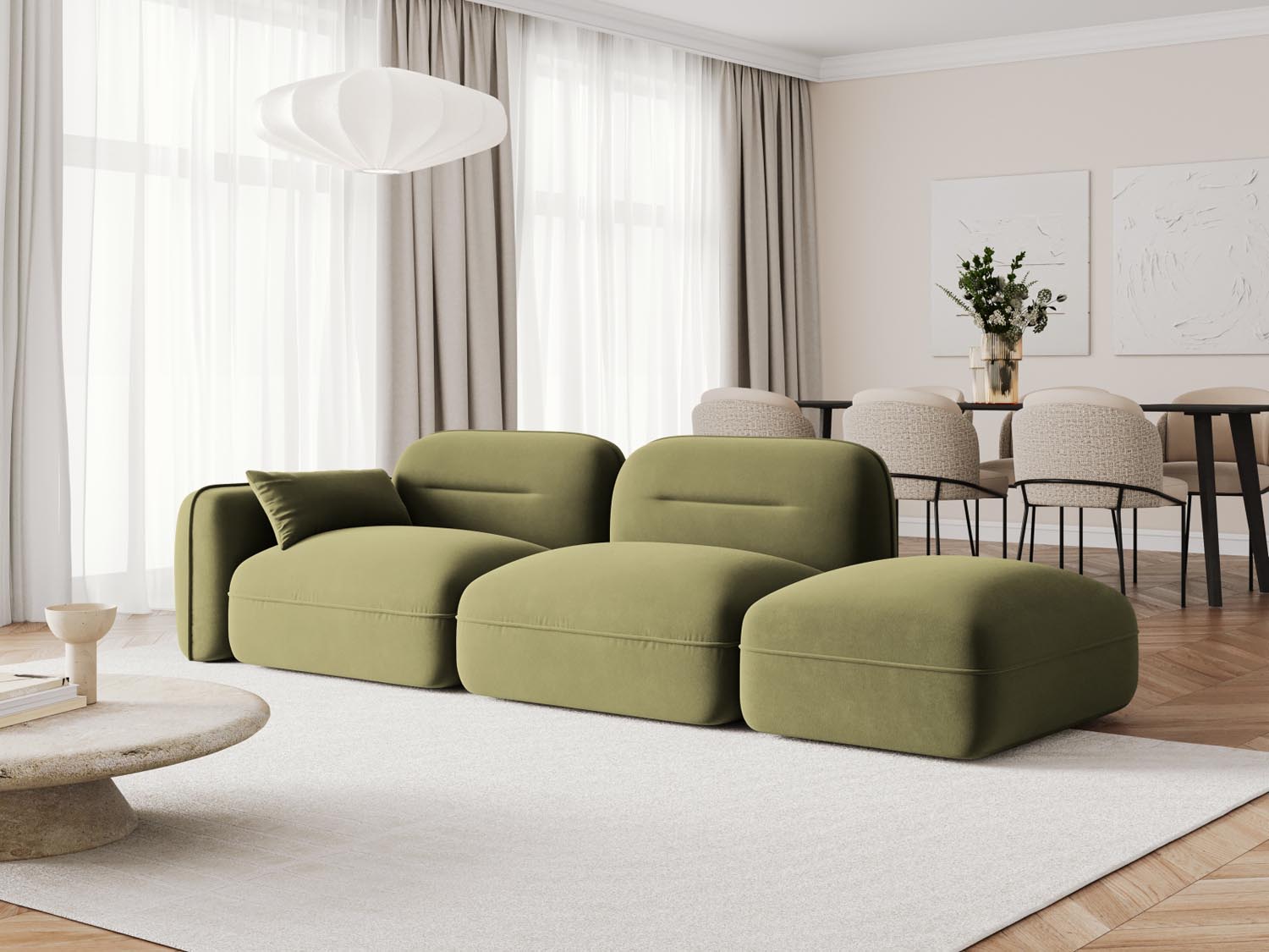 Elegantes 3-Sitzer Sofa "Sydney" in sanftem Hellgrün, modulare Velour-Polsterung, ideal für stilvolle Wohnräume.