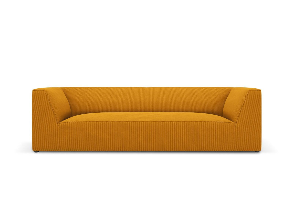 Gelbes 3-Sitzer Sofa Siena mit Massivholzrahmen, Ottawa-Stoffbezug und schwarzen Kunststoffbeinen aus Polypropylen, Frontalansicht.