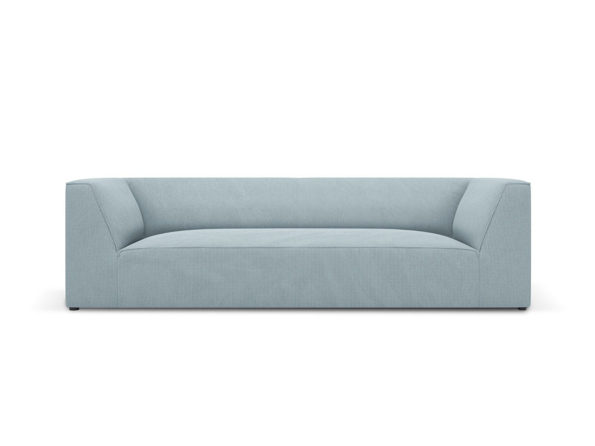 Gelbes 3-Sitzer Sofa Siena mit Massivholzrahmen, Ottawa-Stoffbezug und schwarzen Kunststoffbeinen aus Polypropylen, Frontalansicht.