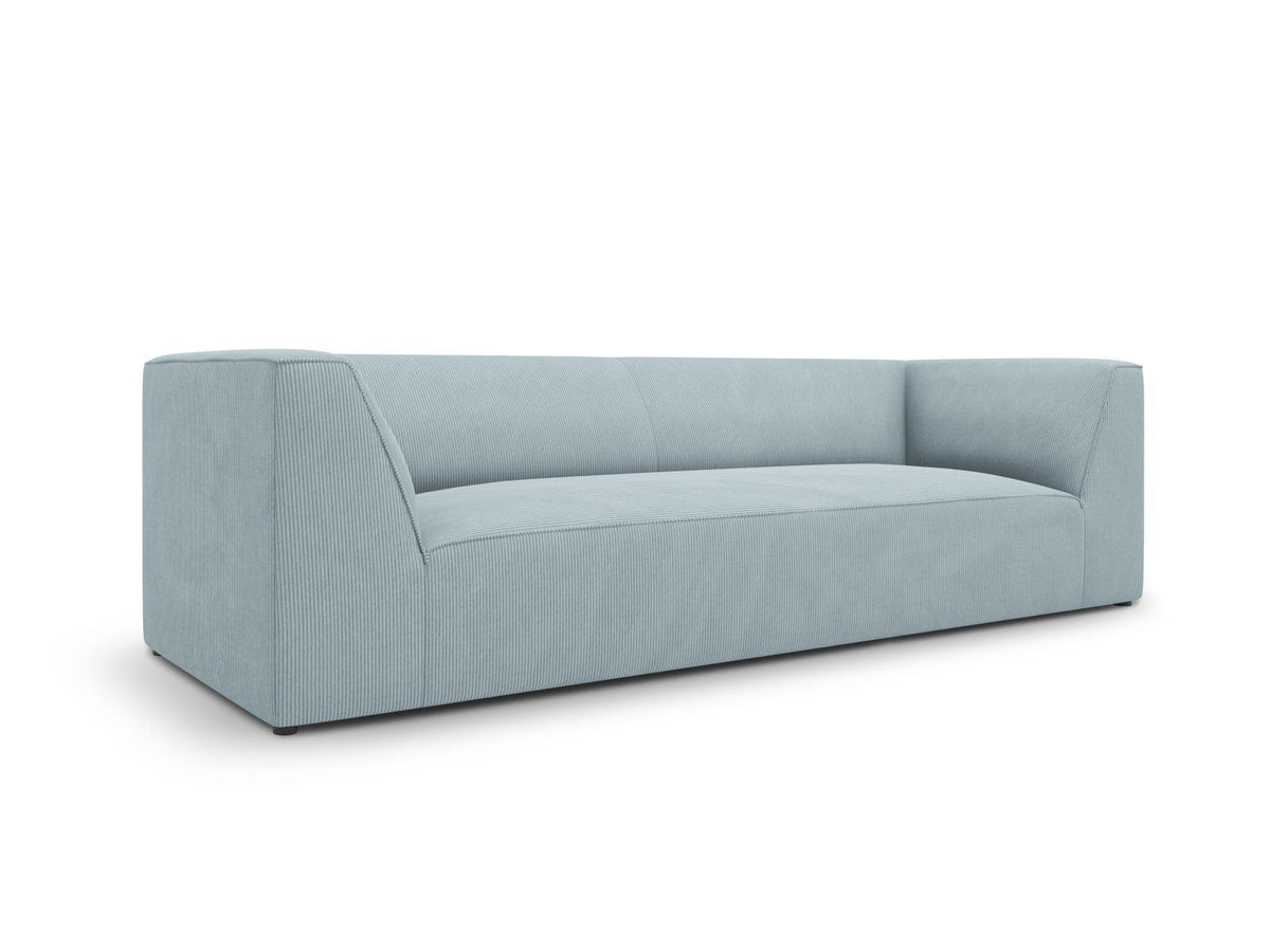Gelbes 3-Sitzer Sofa Siena mit Massivholzrahmen, Ottawa-Stoffbezug und schwarzen Kunststoffbeinen aus Polypropylen, Frontalansicht.
