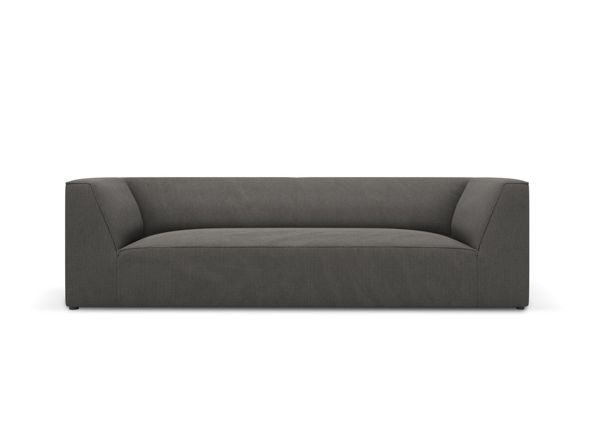 Gelbes 3-Sitzer Sofa Siena mit Massivholzrahmen, Ottawa-Stoffbezug und schwarzen Kunststoffbeinen aus Polypropylen, Frontalansicht.