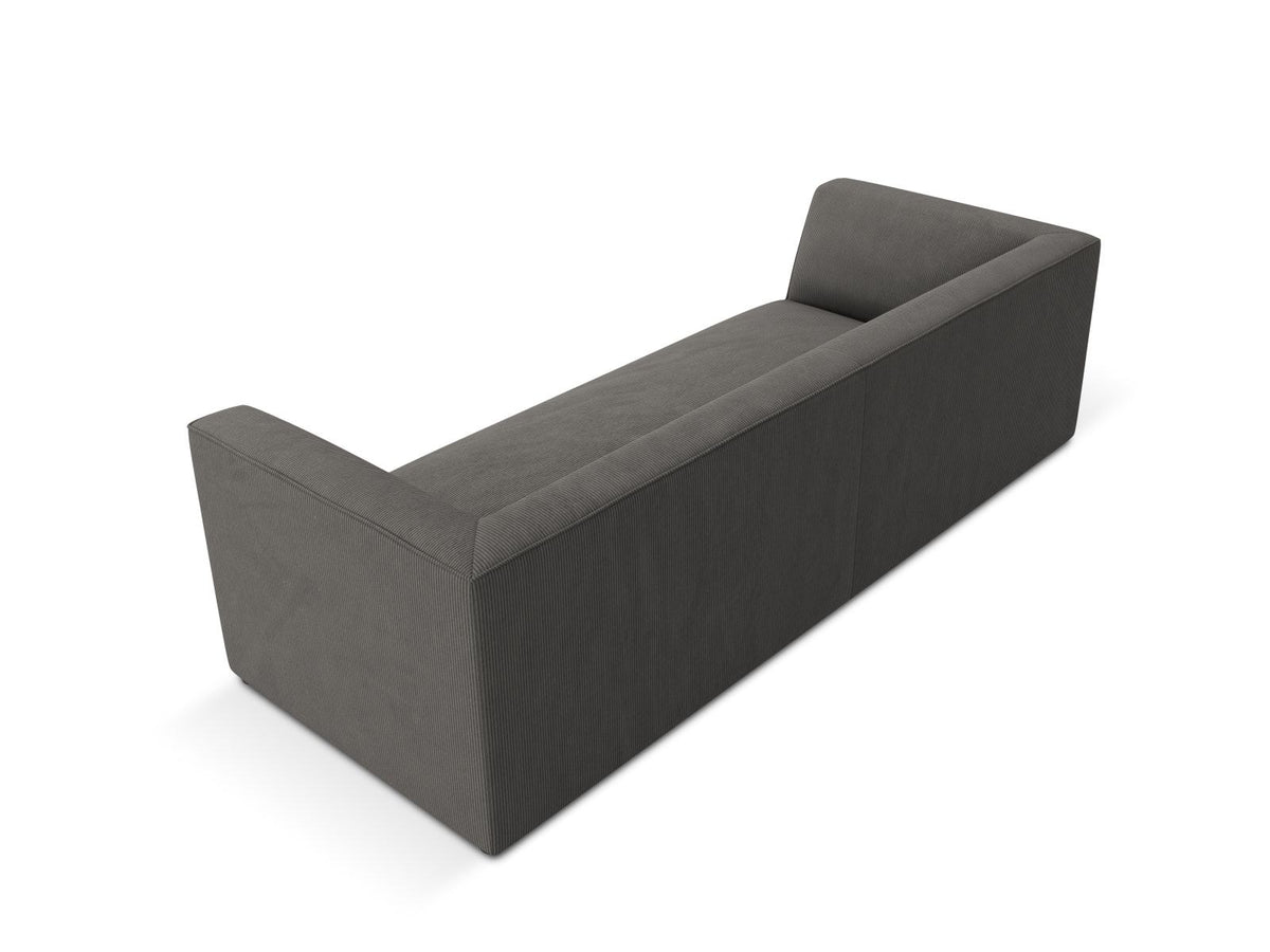 Gelbes 3-Sitzer Sofa Siena mit Massivholzrahmen, Ottawa-Stoffbezug und schwarzen Kunststoffbeinen aus Polypropylen, Frontalansicht.
