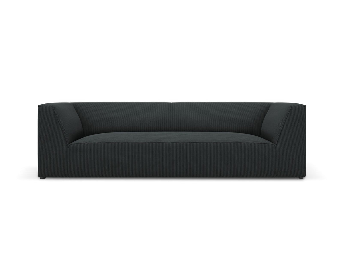 Gelbes 3-Sitzer Sofa Siena mit Massivholzrahmen, Ottawa-Stoffbezug und schwarzen Kunststoffbeinen aus Polypropylen, Frontalansicht.