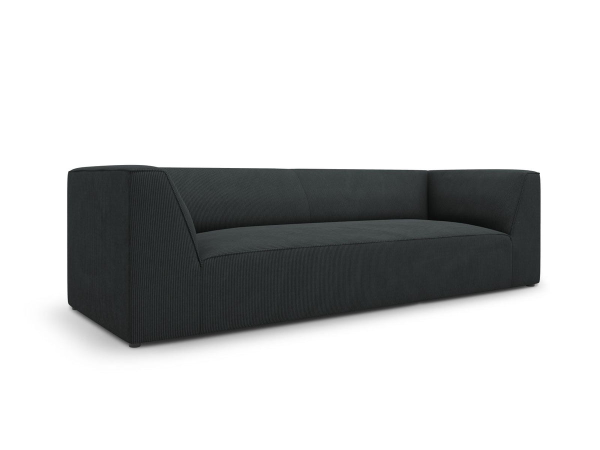 Gelbes 3-Sitzer Sofa Siena mit Massivholzrahmen, Ottawa-Stoffbezug und schwarzen Kunststoffbeinen aus Polypropylen, Frontalansicht.
